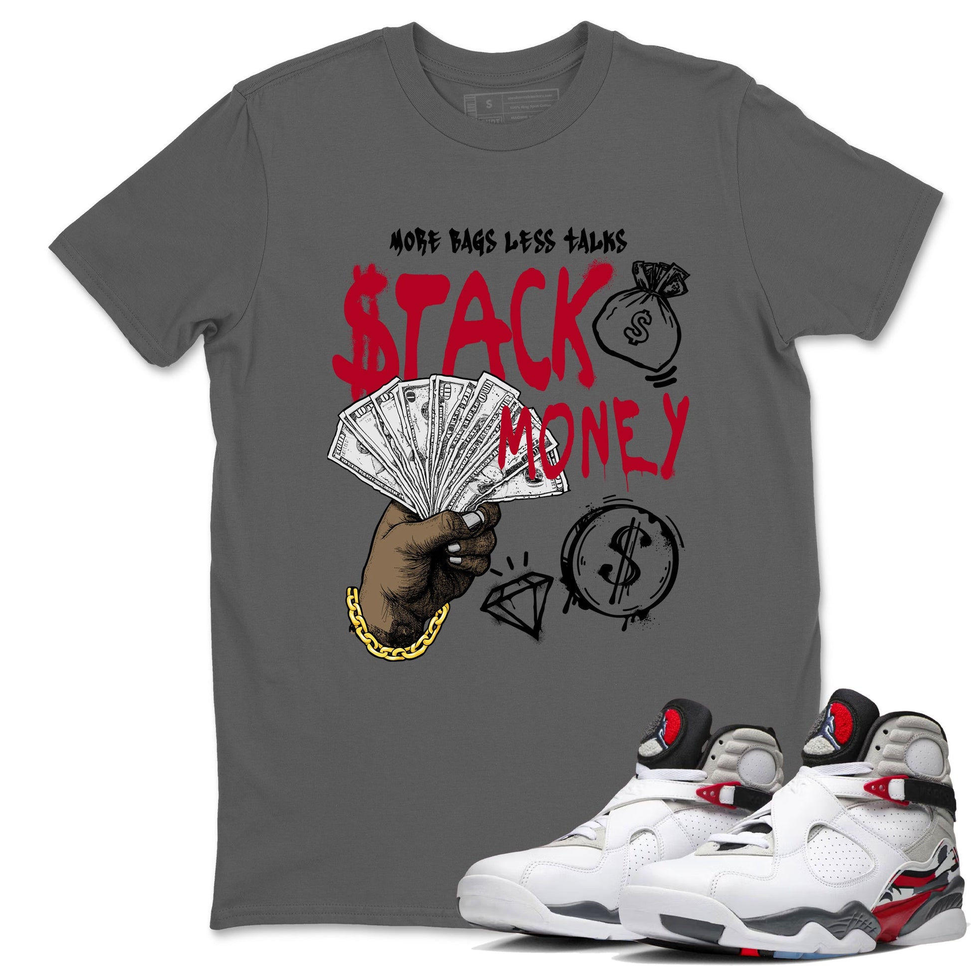 Sneaker match tees – Sneaker Tees To Match Air Jordan 8 Bunny Shoes Air Jordan 8 White and True Red – Stack Money Tee Cool Grey 1