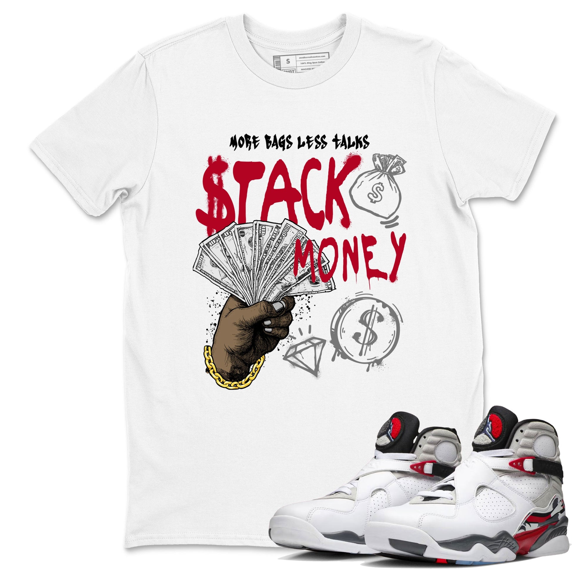 Sneaker match tees – Sneaker Tees To Match Air Jordan 8 Bunny Shoes Air Jordan 8 White and True Red – Stack Money Tee White 1