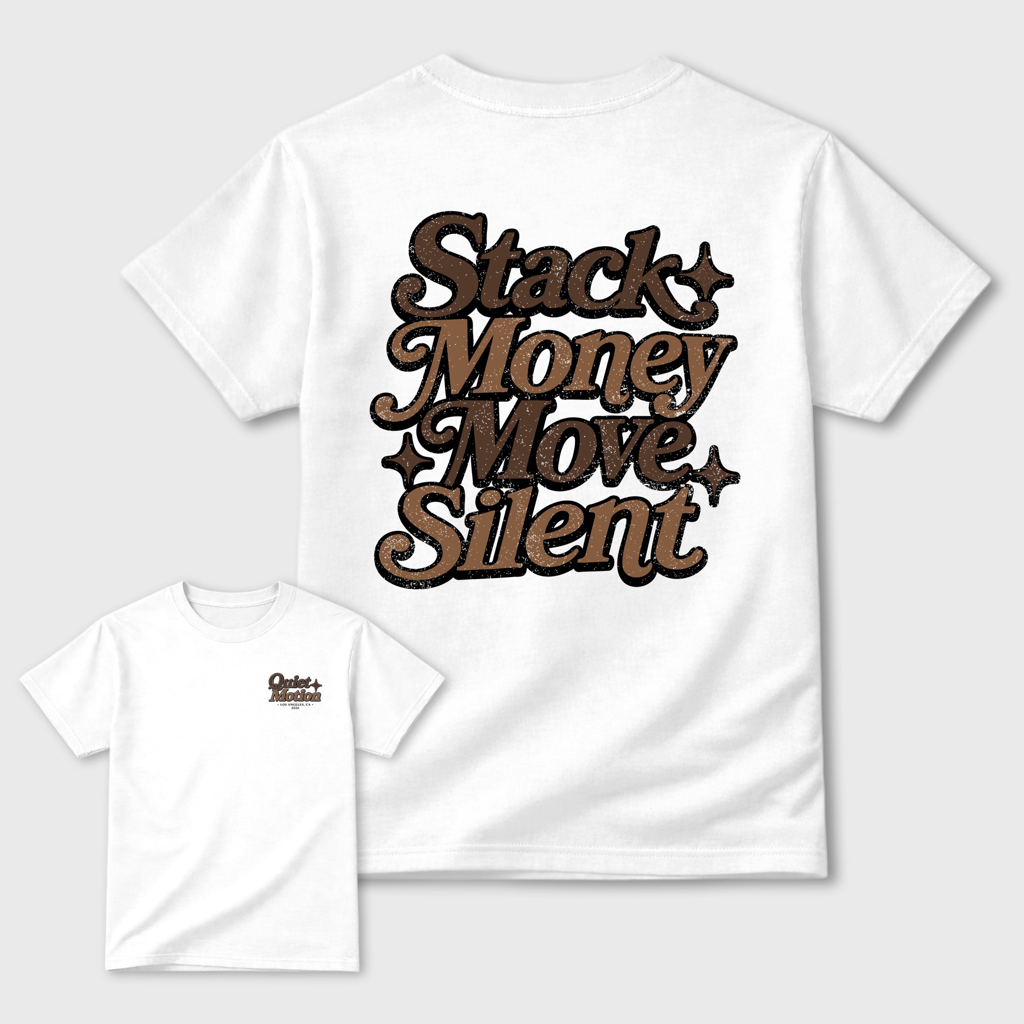 Stack Money Move Silent Graphic T-Shirt featuring original streetwear artwork designed to match the Air Max 90 Shadow Brown. White Graphic T-Shirt.
