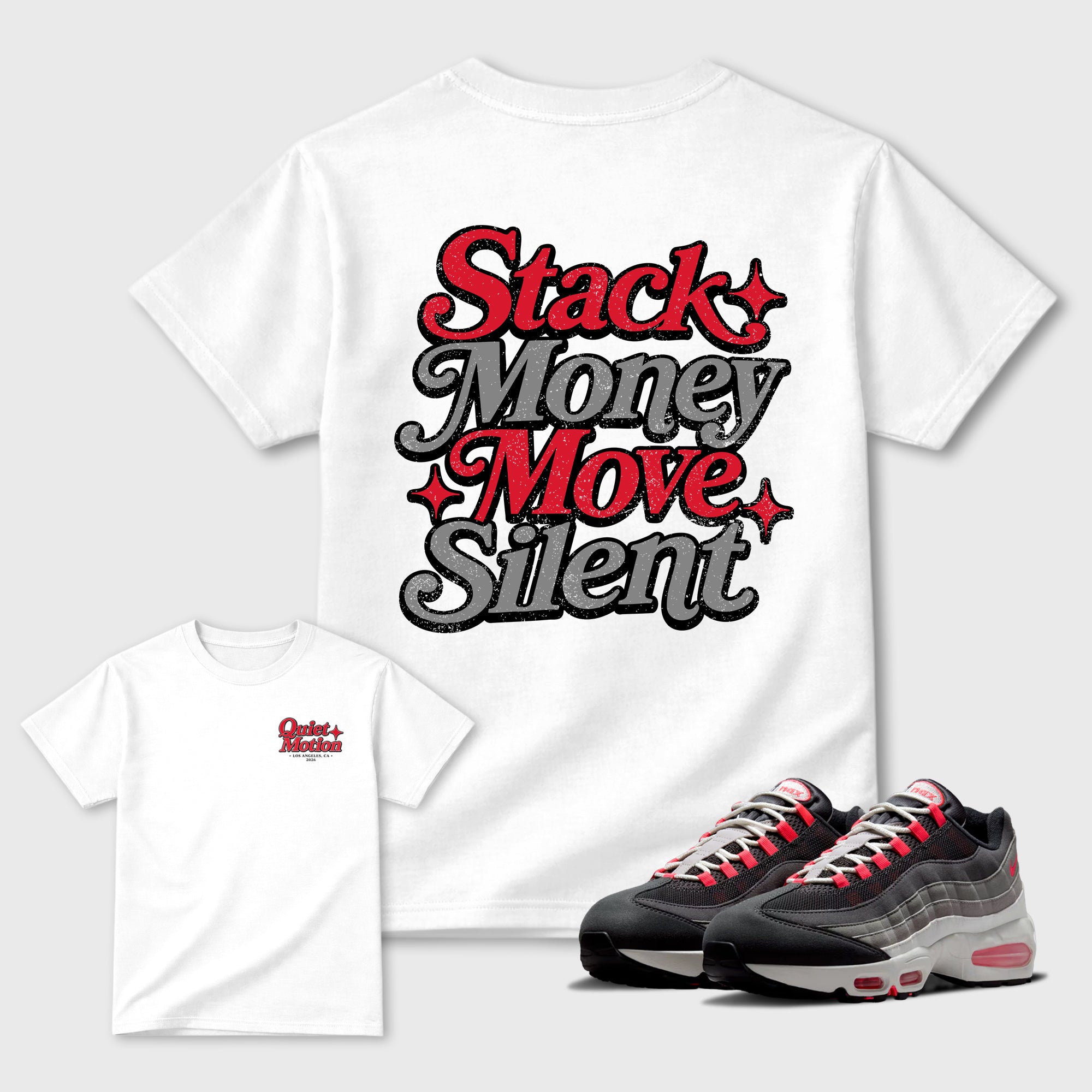Stack Money Move Silent Graphic T-Shirt featuring original streetwear artwork designed to match the Air Max 95 Reverse Solar Red. White Graphic T-Shirt.