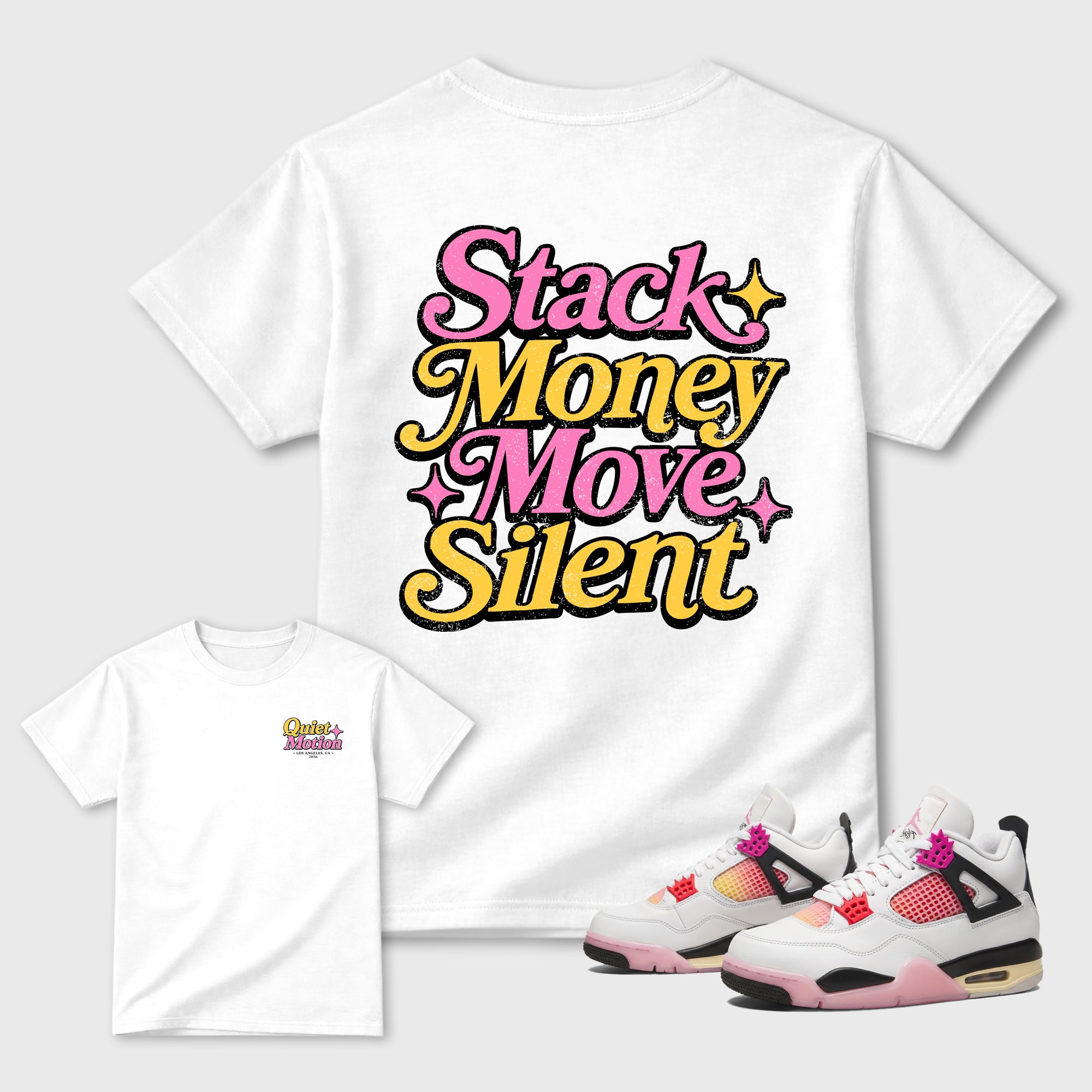 Stack Money Move Silent Graphic T-Shirt featuring original streetwear artwork designed to match the . White Graphic T-Shirt.