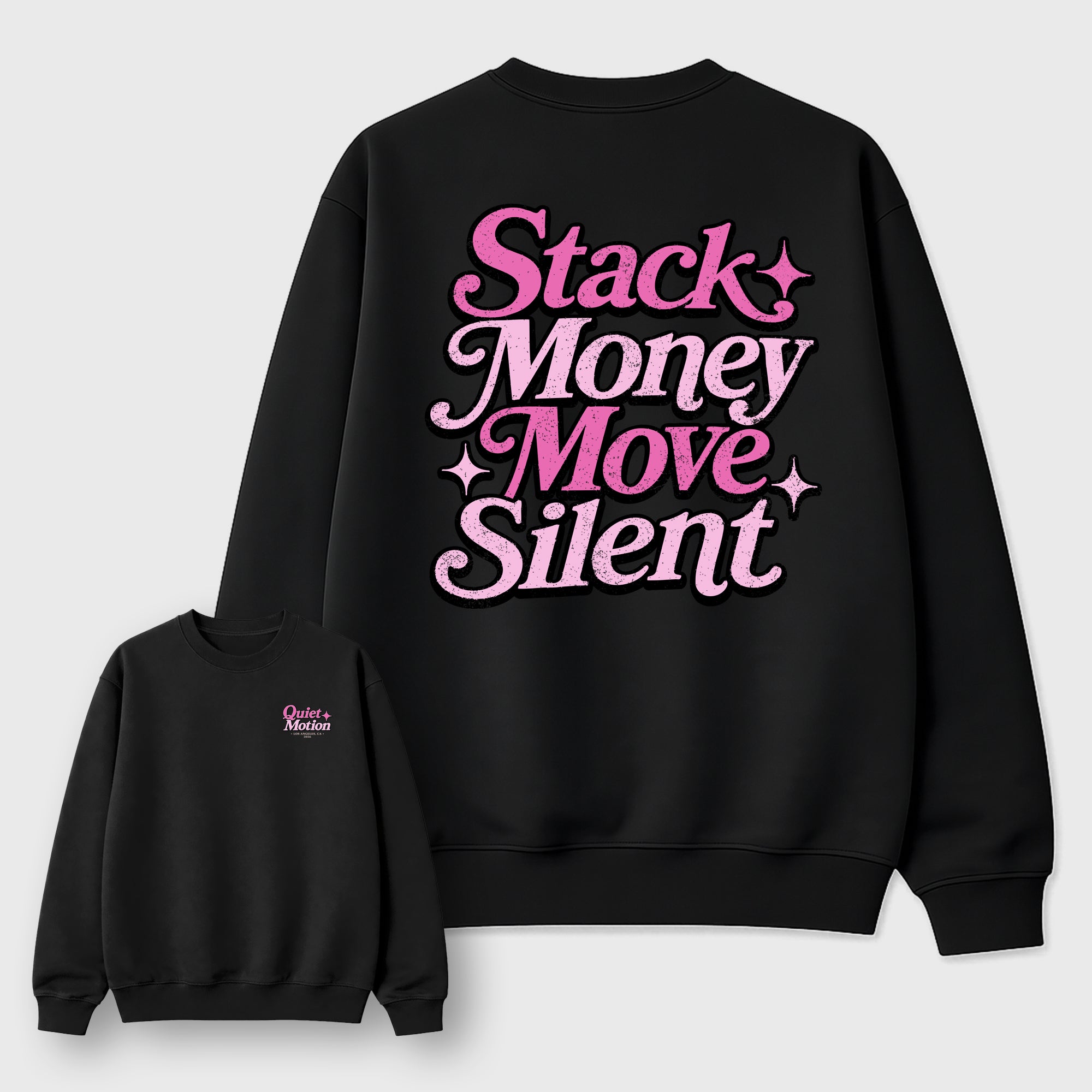 Stack Money Move Silnet Graphic T-Shirt featuring original streetwear artwork designed to complement the layered pink tones of the Air Jordan 6 Playful Pink. Black Graphic Tee.