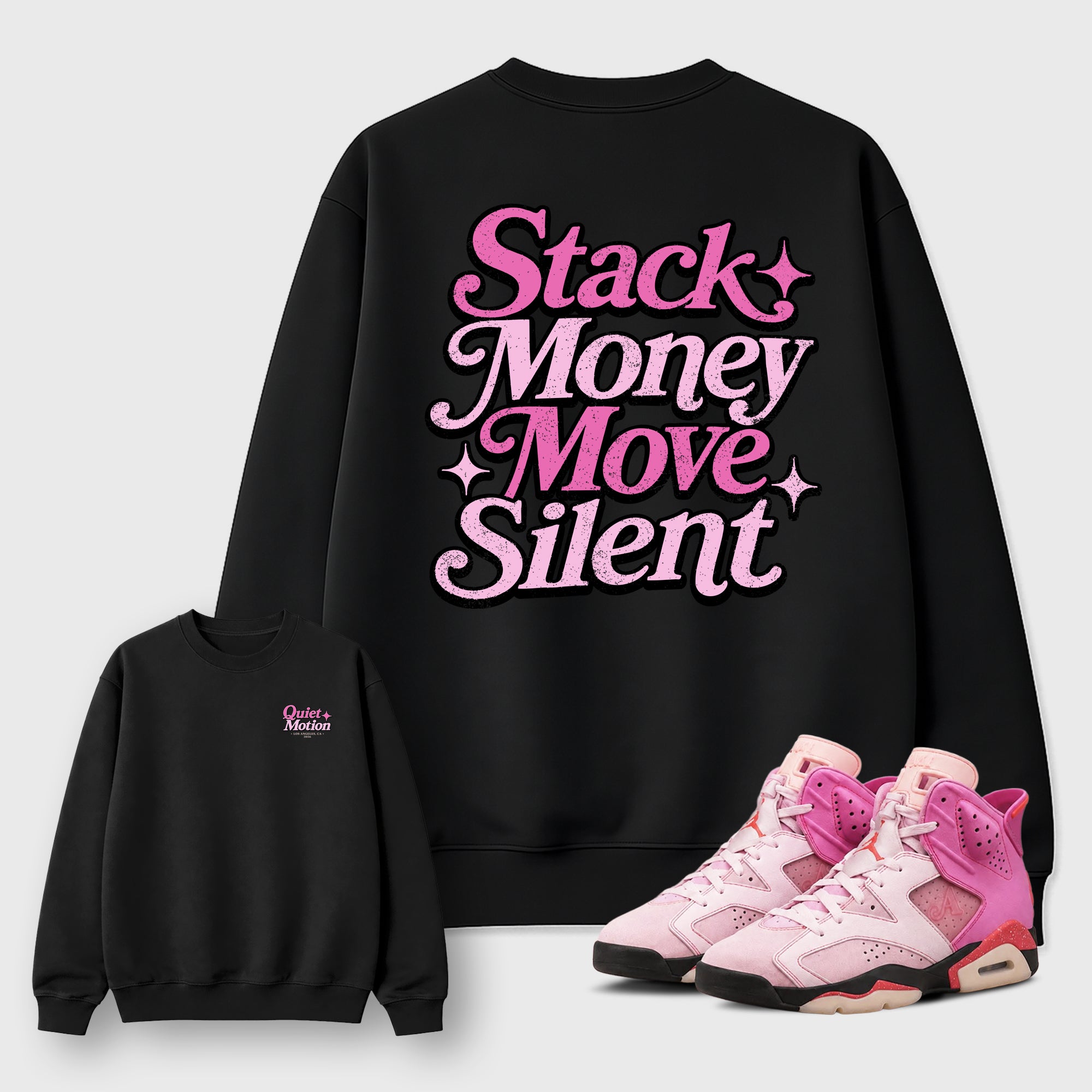 Stack Money Move Silnet Graphic T-Shirt featuring original streetwear artwork designed to complement the layered pink tones of the Air Jordan 6 Playful Pink. Black Graphic Tee.