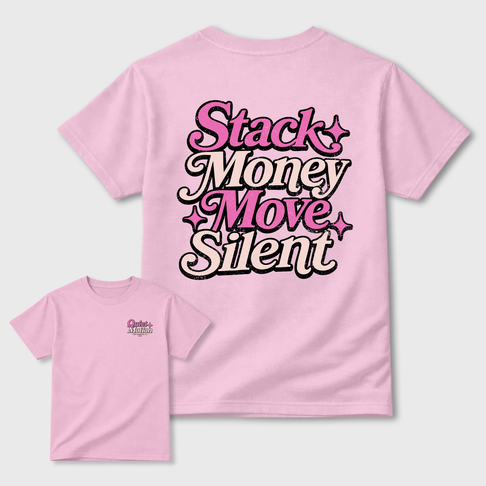 Stack Money Move Silnet Graphic T-Shirt featuring original streetwear artwork designed to complement the layered pink tones of the Air Jordan 6 Playful Pink. Pink Graphic T-Shirt.
