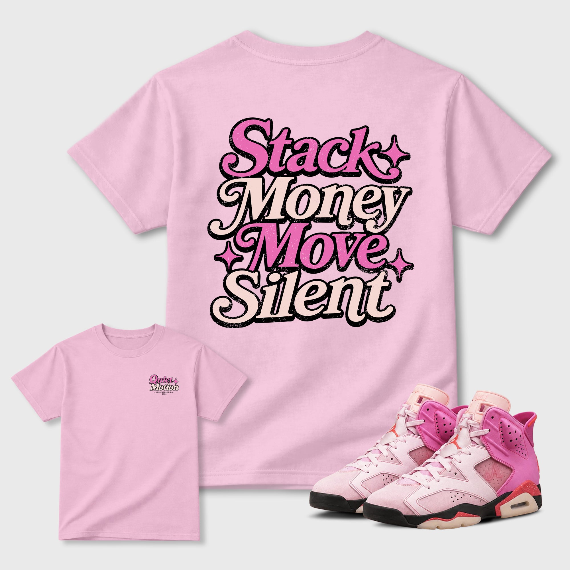 Stack Money Move Silnet Graphic T-Shirt featuring original streetwear artwork designed to complement the layered pink tones of the Air Jordan 6 Playful Pink. Pink Graphic T-Shirt.