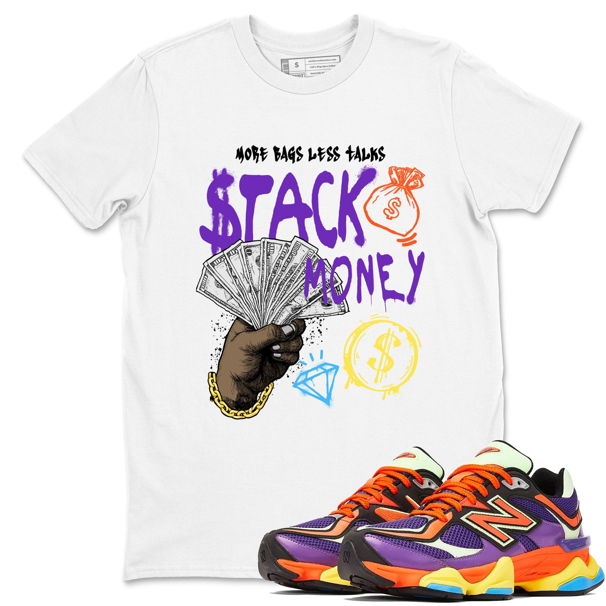 Sneaker Threads – Sneaker Tees To Match New Balance 9060 Prism Purple – Stack Money Graphic Tee White 1. Perfect for Jordan releases 2025 colorways.