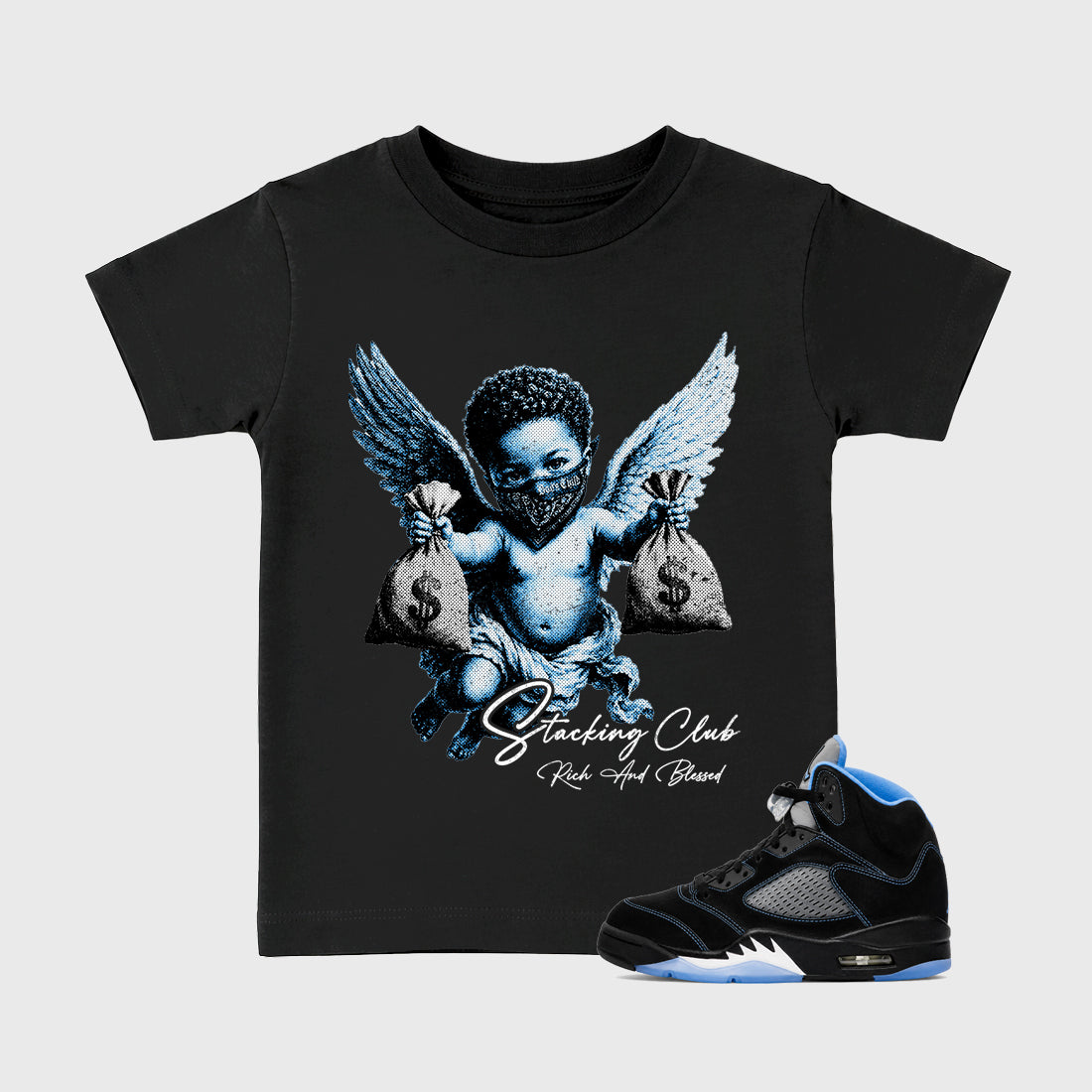 Stacking Club affordable baby and kids t-shirt designed to match the Air Jordan 5 Black University Blue, featuring coordinated Black 1 options for the perfect little sneakerhead streetwear look.