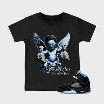 Stacking Club affordable baby and kids t-shirt designed to match the Air Jordan 5 Black University Blue, featuring coordinated Black 1 options for the perfect little sneakerhead streetwear look.