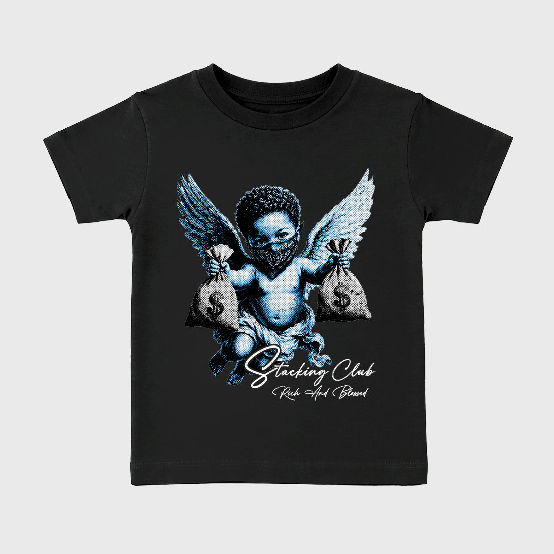 Stacking Club affordable baby and kids t-shirt designed to match the Air Jordan 5 Black University Blue, featuring coordinated Black 2 options for the perfect little sneakerhead streetwear look.