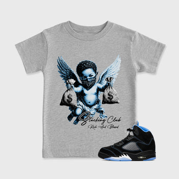 Stacking Club affordable baby and kids t-shirt designed to match the Air Jordan 5 Black University Blue, featuring coordinated Heather Grey 1 options for the perfect little sneakerhead streetwear look.