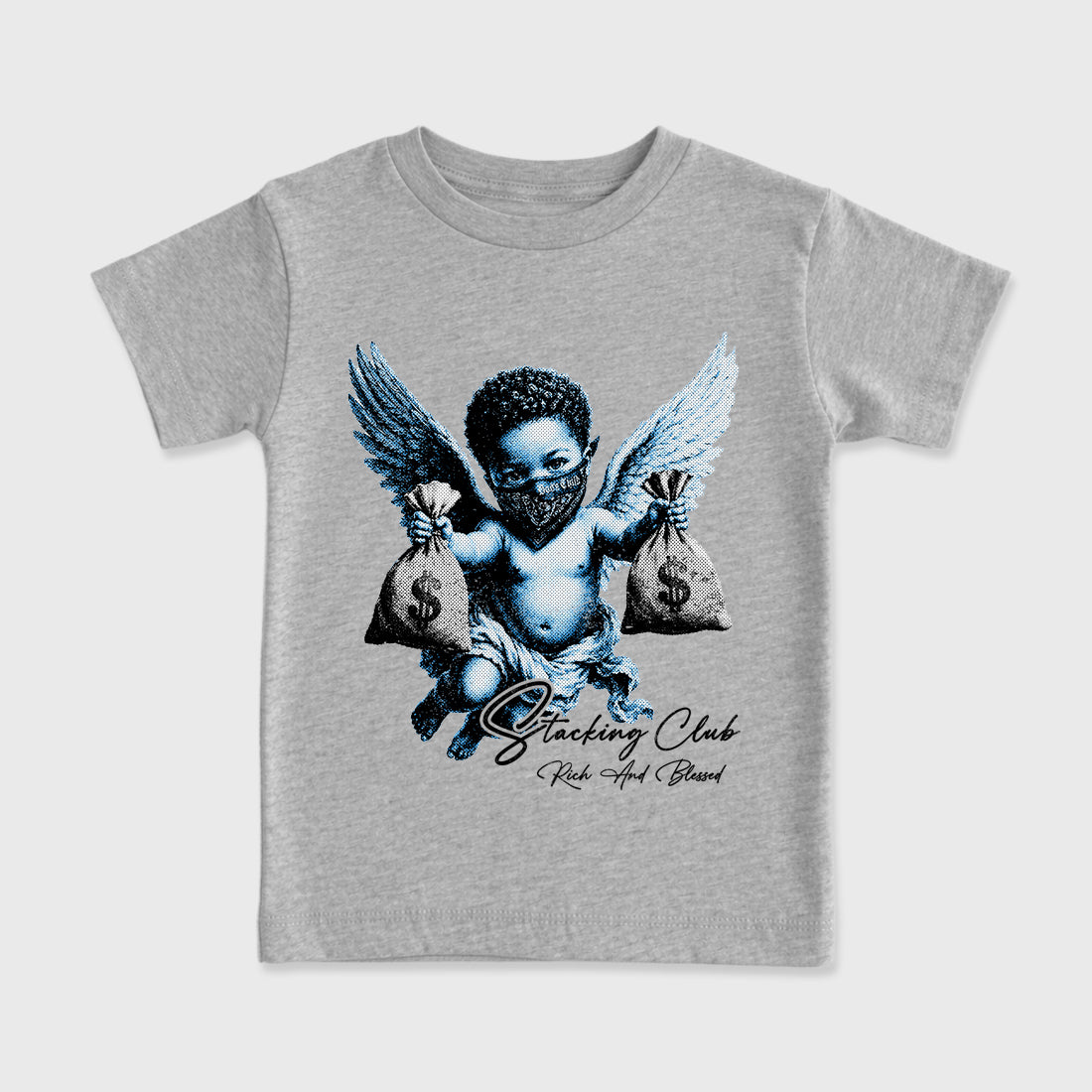 Stacking Club affordable baby and kids t-shirt designed to match the Air Jordan 5 Black University Blue, featuring coordinated Heather Grey 2 options for the perfect little sneakerhead streetwear look.