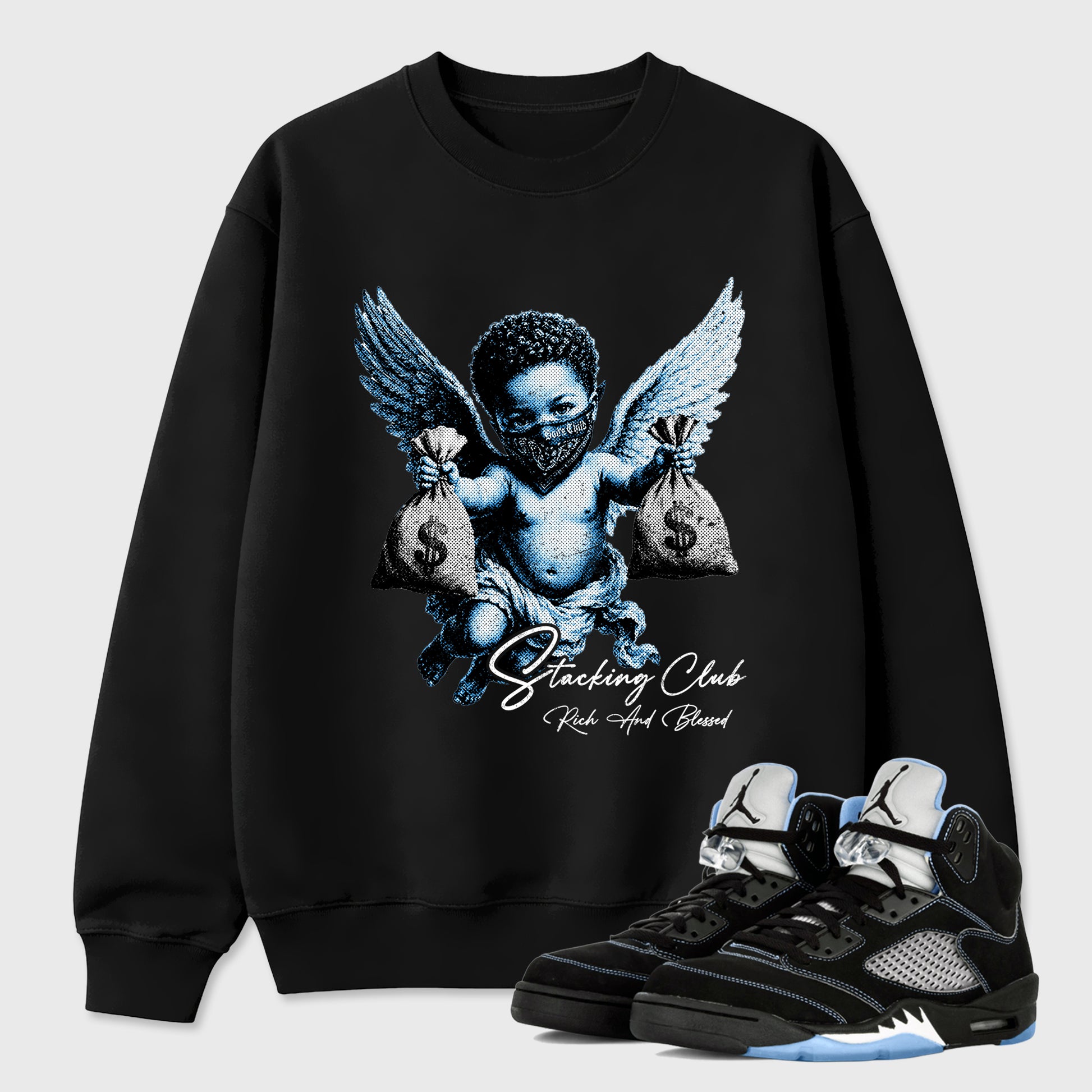Stacking Club Graphic T-Shirt sneaker match tee designed for the Air Jordan 5 Black University Blue, featuring coordinated color options for a perfect streetwear match. Black 1 shirt.