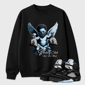 Stacking Club Graphic T-Shirt sneaker match tee designed for the Air Jordan 5 Black University Blue, featuring coordinated color options for a perfect streetwear match. Black 1 shirt.