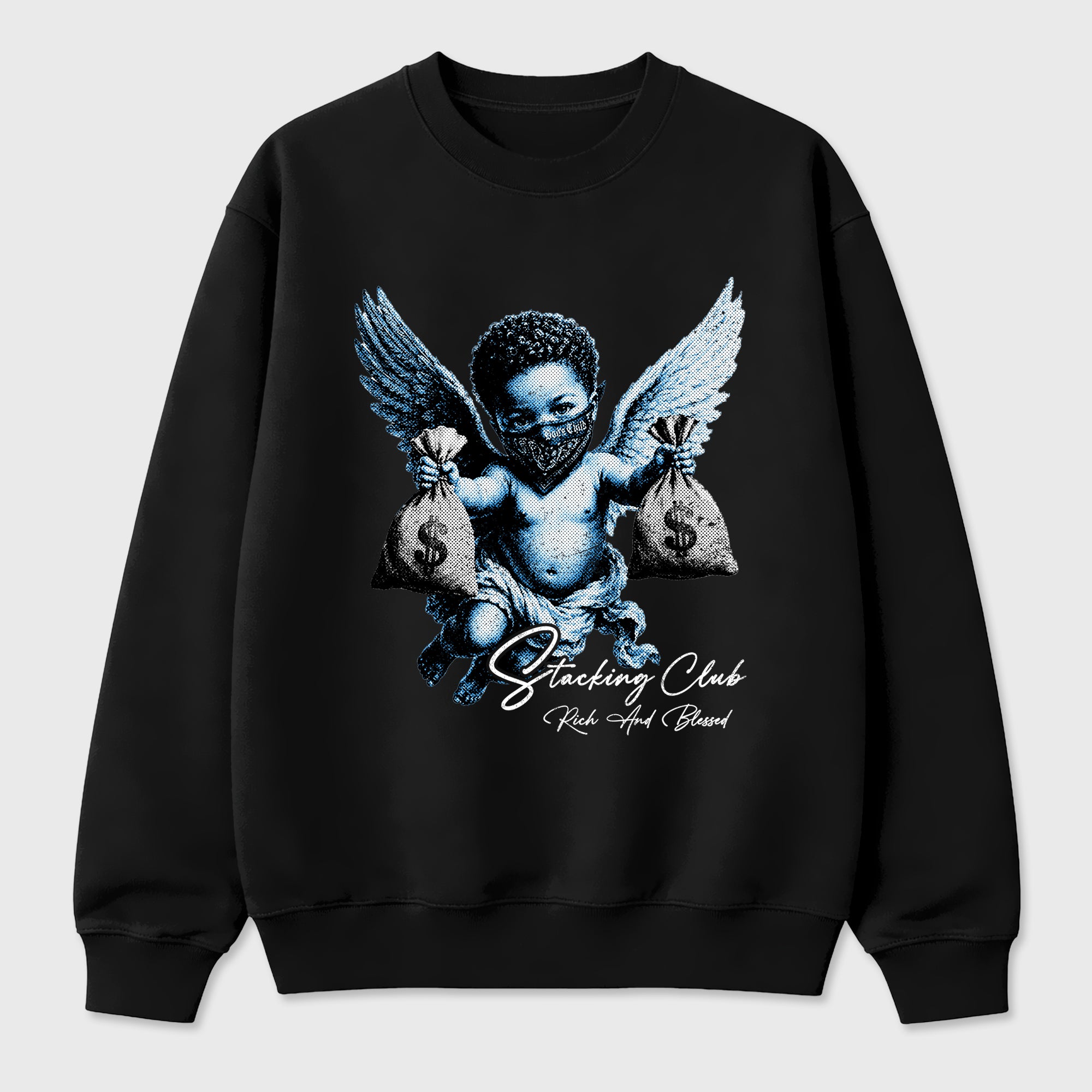 Stacking Club Graphic T-Shirt sneaker match tee designed for the Air Jordan 5 Black Carolina, featuring coordinated color options for a perfect streetwear match. Black 2 shirt.