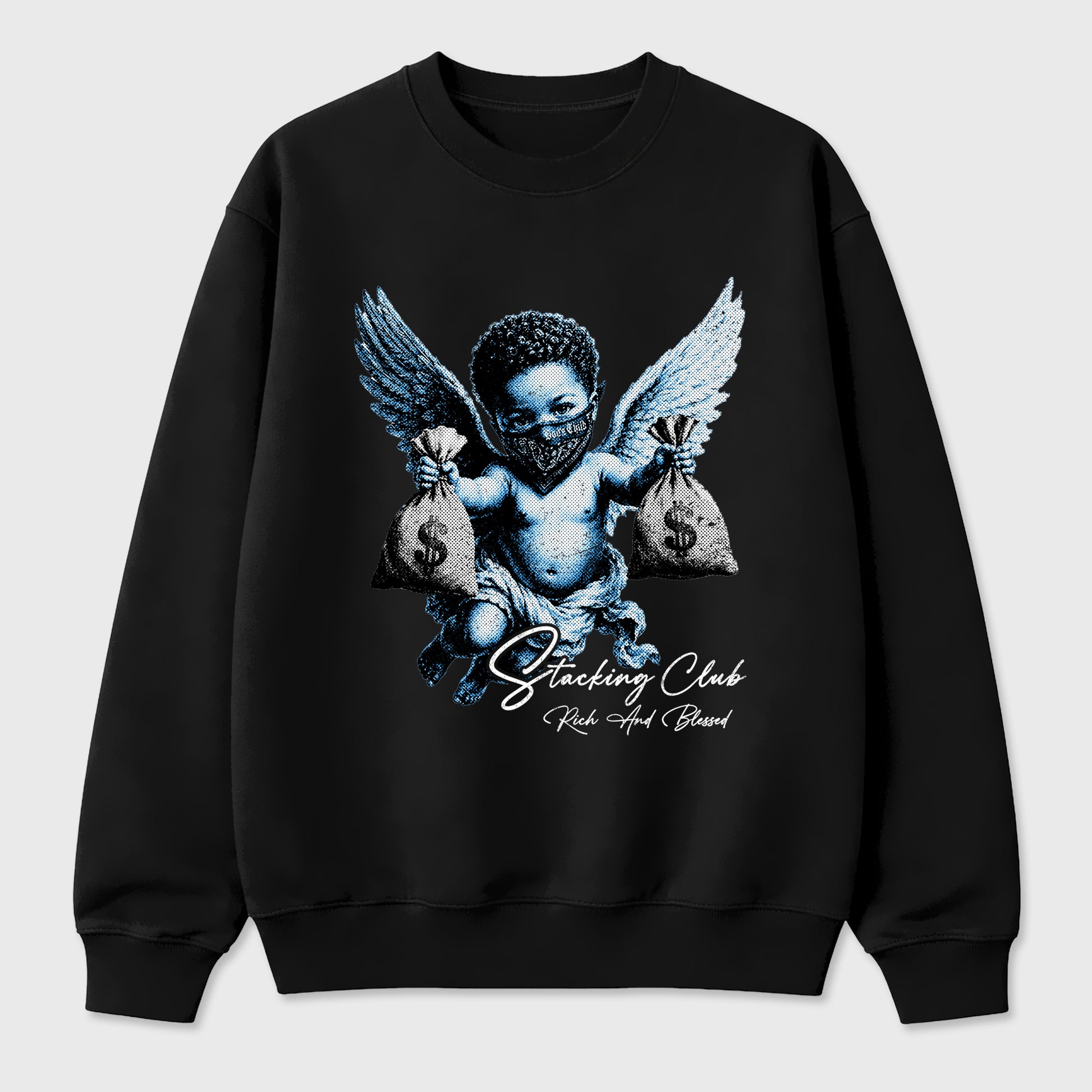Stacking Club Graphic T-Shirt sneaker match tee designed for the Air Jordan 5 Black University Blue, featuring coordinated color options for a perfect streetwear match. Black 2 shirt.