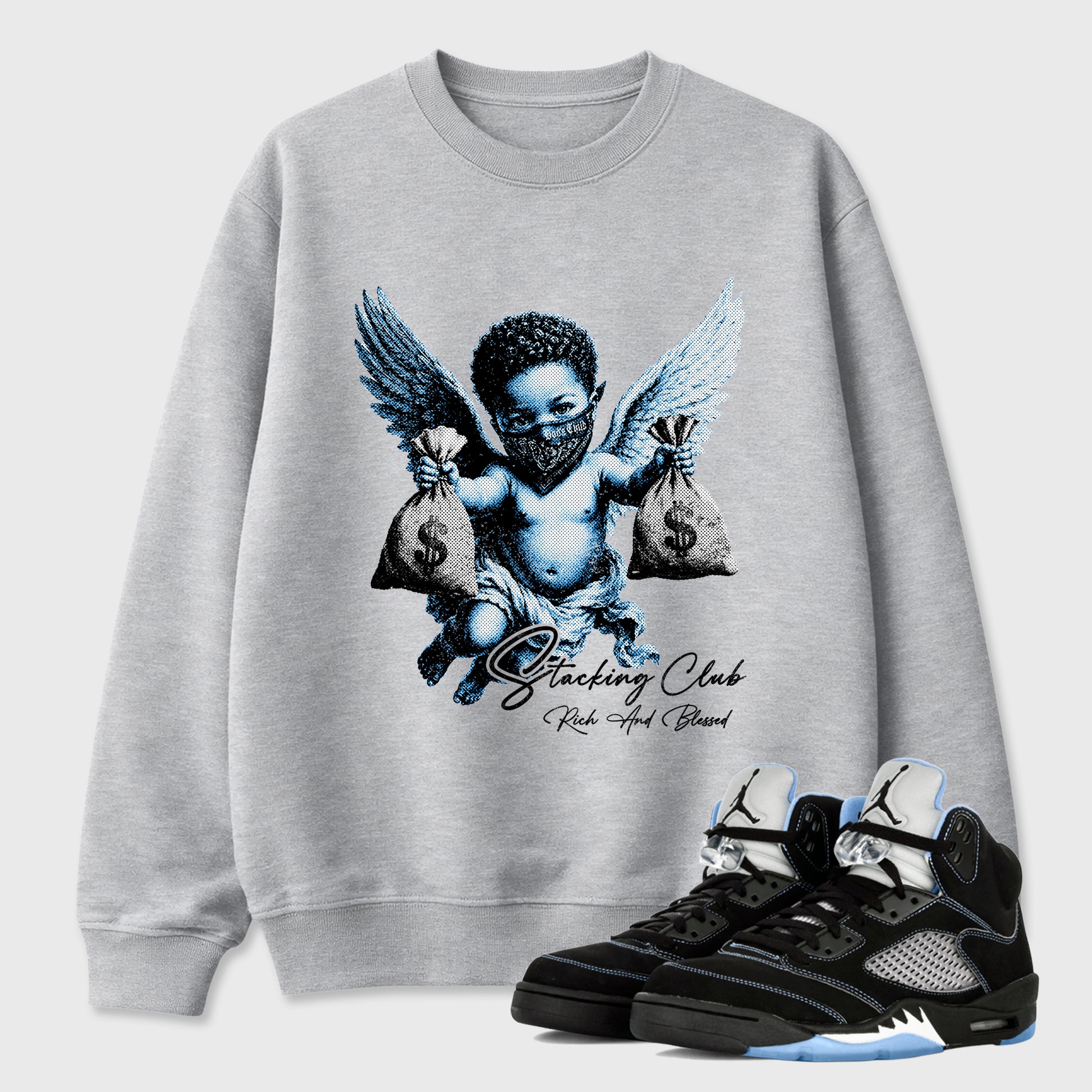 Stacking Club Graphic T-Shirt sneaker match tee designed for the Air Jordan 5 Black University Blue, featuring coordinated color options for a perfect streetwear match. Heather Grey 1 shirt.