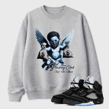 Stacking Club Graphic T-Shirt sneaker match tee designed for the Air Jordan 5 Black University Blue, featuring coordinated color options for a perfect streetwear match. Heather Grey 1 shirt.