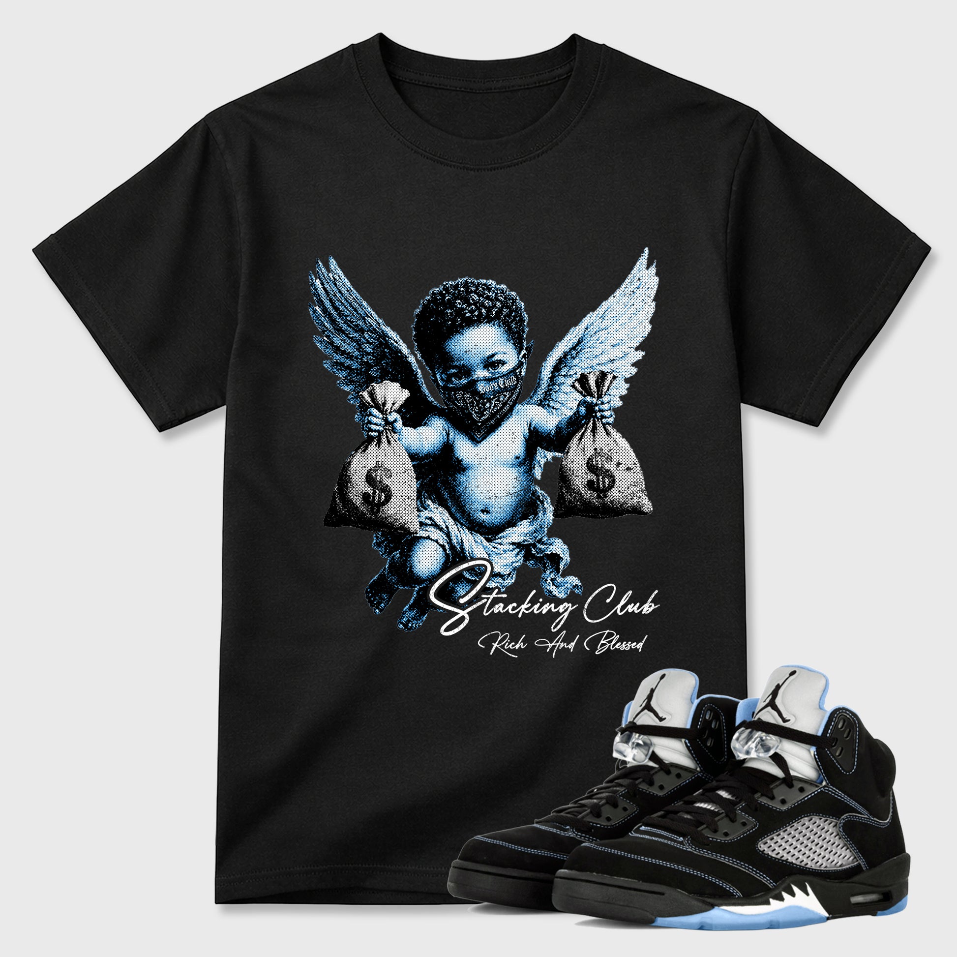 Stacking Club Graphic T-Shirt sneaker match tee designed for the Air Jordan 5 Black University Blue, featuring coordinated color options for a perfect streetwear match. Black 1 shirt.
