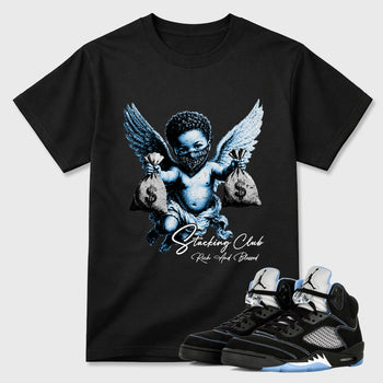 Stacking Club Graphic T-Shirt sneaker match tee designed for the Air Jordan 5 Black University Blue, featuring coordinated color options for a perfect streetwear match. Black 1 shirt.
