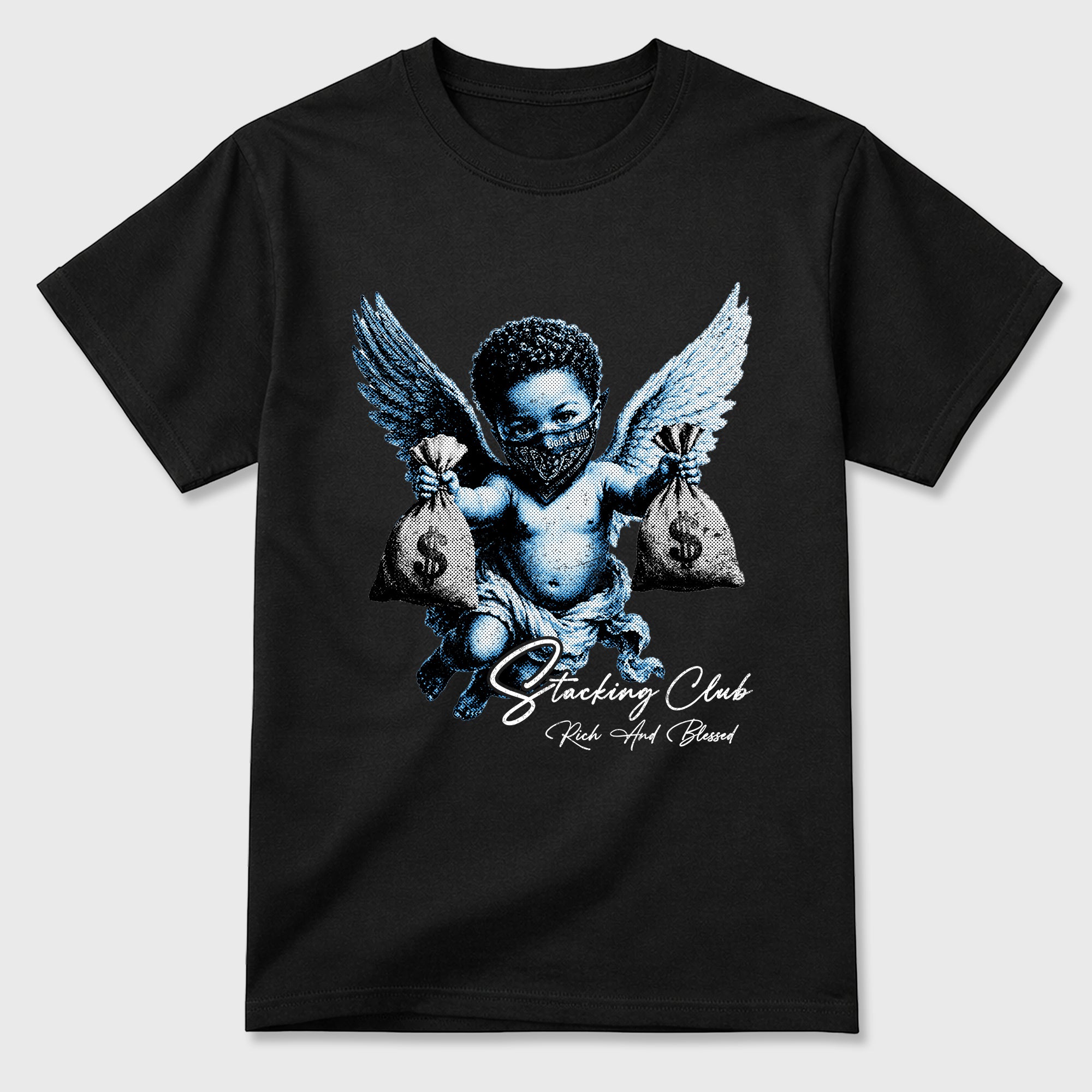 Stacking Club Graphic T-Shirt sneaker match tee designed for the Air Jordan 5 Black Carolina, featuring coordinated color options for a perfect streetwear match. Black 2 shirt.