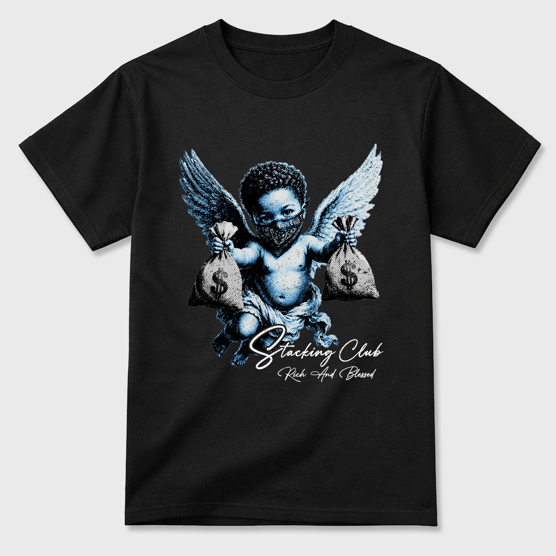 Stacking Club Graphic T-Shirt sneaker match tee designed for the Air Jordan 5 Black University Blue, featuring coordinated color options for a perfect streetwear match. Black 2 shirt.
