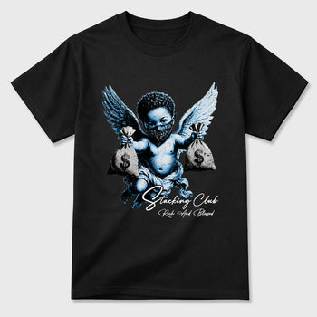 Stacking Club Graphic T-Shirt sneaker match tee designed for the Air Jordan 5 Black University Blue, featuring coordinated color options for a perfect streetwear match. Black 2 shirt.