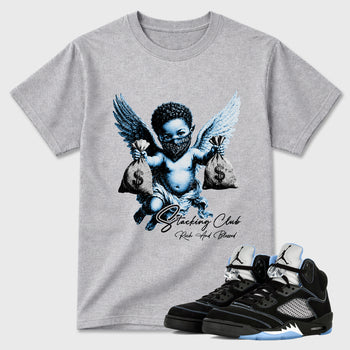 Stacking Club Graphic T-Shirt sneaker match tee designed for the Air Jordan 5 Black University Blue, featuring coordinated color options for a perfect streetwear match. Heather Grey 1 shirt.
