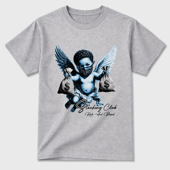 Stacking Club Graphic T-Shirt sneaker match tee designed for the Air Jordan 5 Black University Blue, featuring coordinated color options for a perfect streetwear match. Heather Grey 2 shirt.