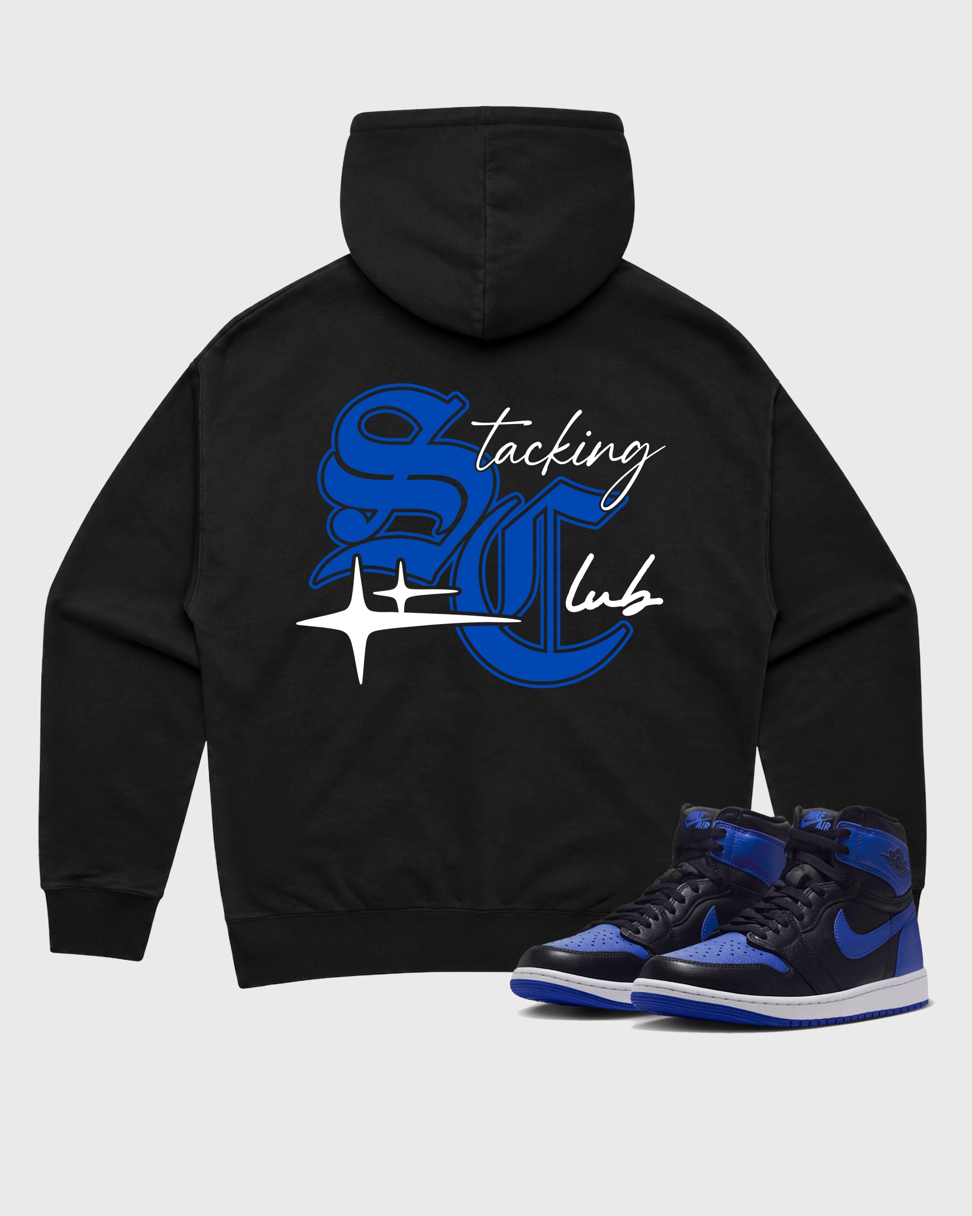 Stacking Club Star Black Graphic Hoodie - 1, a sneaker matching hoodie designed to pair with Air Jordan 1 High OG 'Royal' sneakers for a coordinated sneaker outfit.