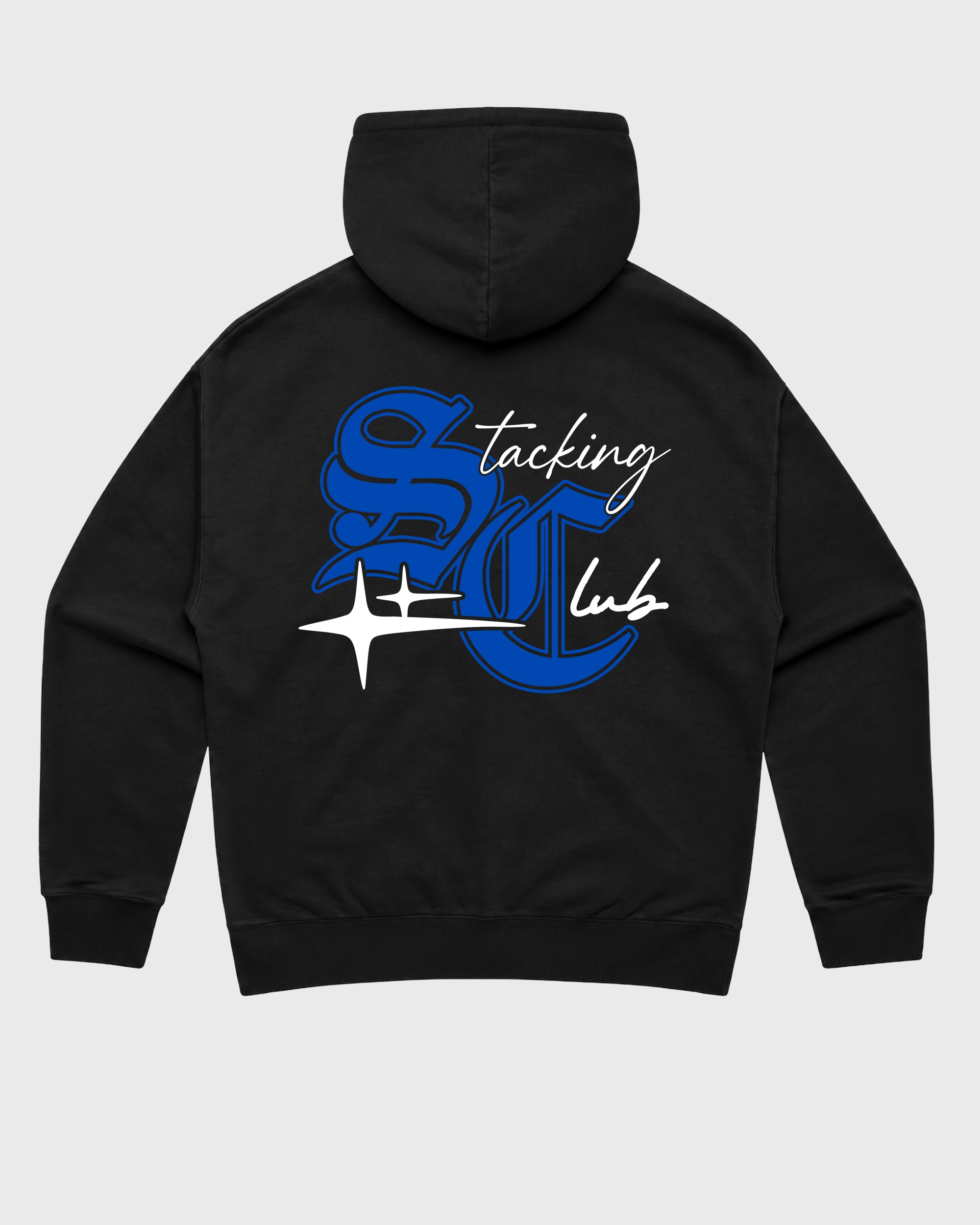 Stacking Club Star Black Graphic Hoodie - 1, a sneaker matching hoodie designed to pair with Air Jordan 1 High OG 'Royal' sneakers for a coordinated sneaker outfit.