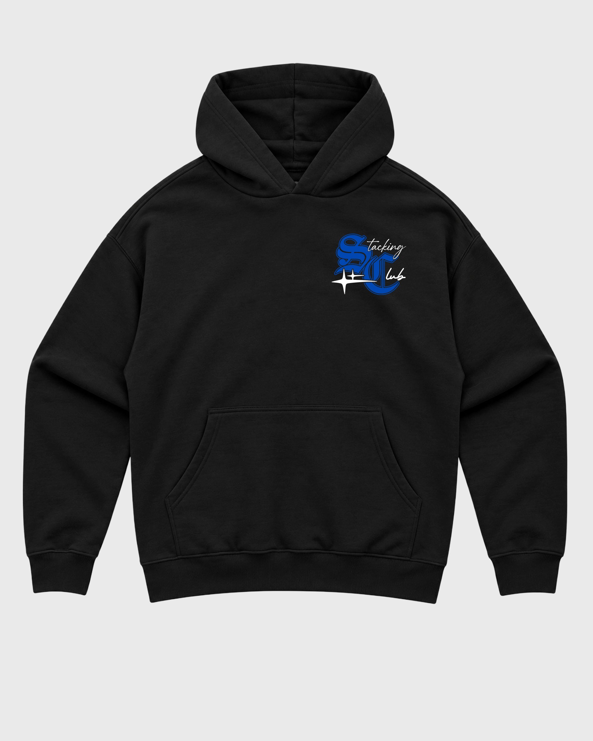 Stacking Club Star Black Graphic Hoodie - 2, featuring original SNRT streetwear artwork created to complement Air Jordan 1 High OG 'Royal' sneakers with an easy everyday fit.