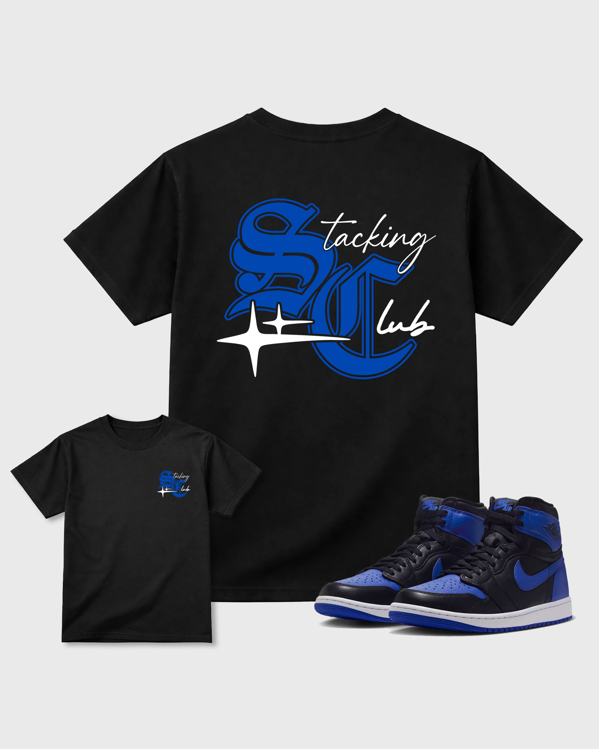 Stacking Club Star Black Graphic T-Shirt - 1, sneaker matching tee designed to match Air Jordan 1 High OG 'Royal' sneakers for a coordinated sneaker outfit.