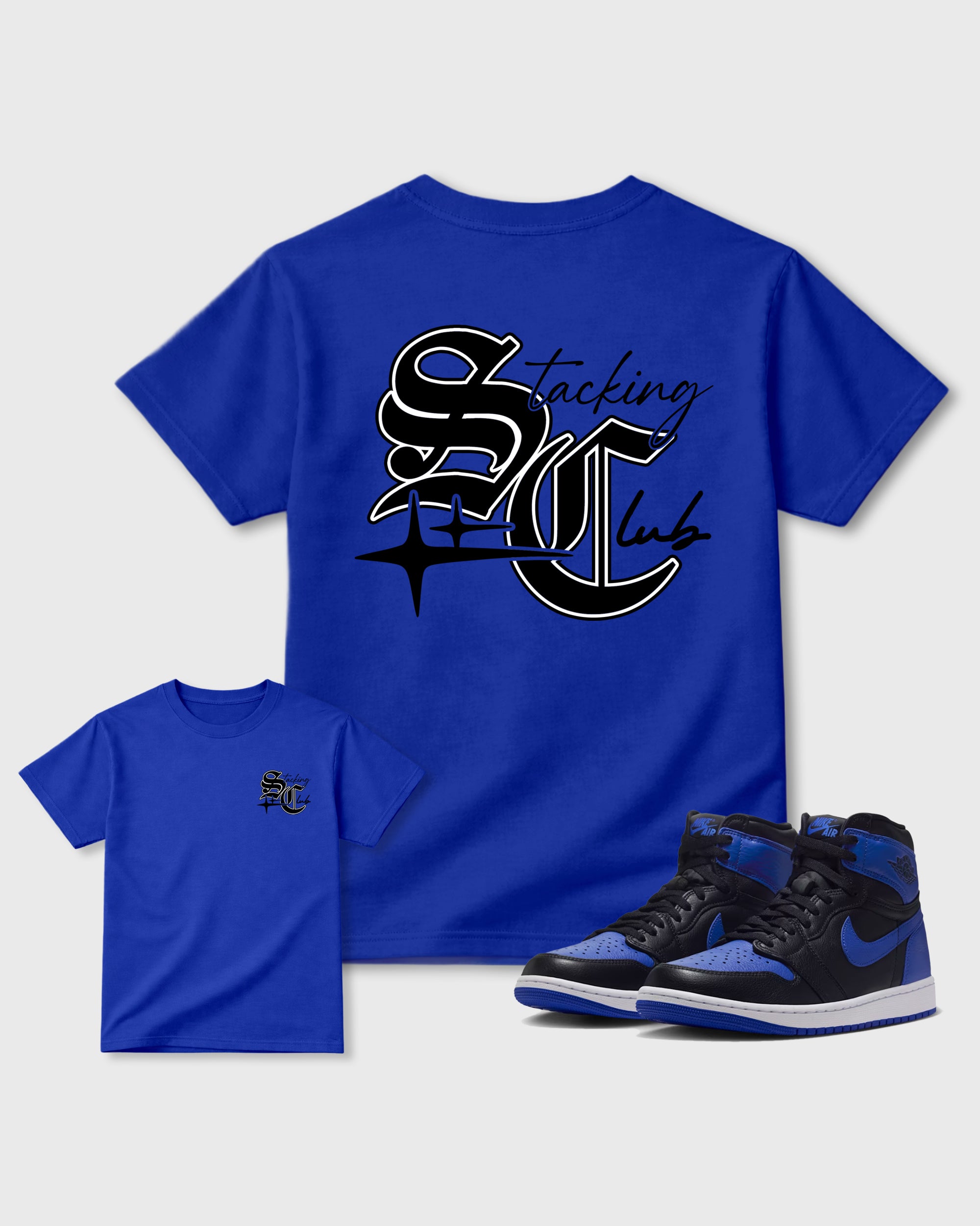 Stacking Club Star Royal Blue Graphic T-Shirt - 1, sneaker matching tee designed to match Air Jordan 1 High OG 'Royal' sneakers for a coordinated sneaker outfit.