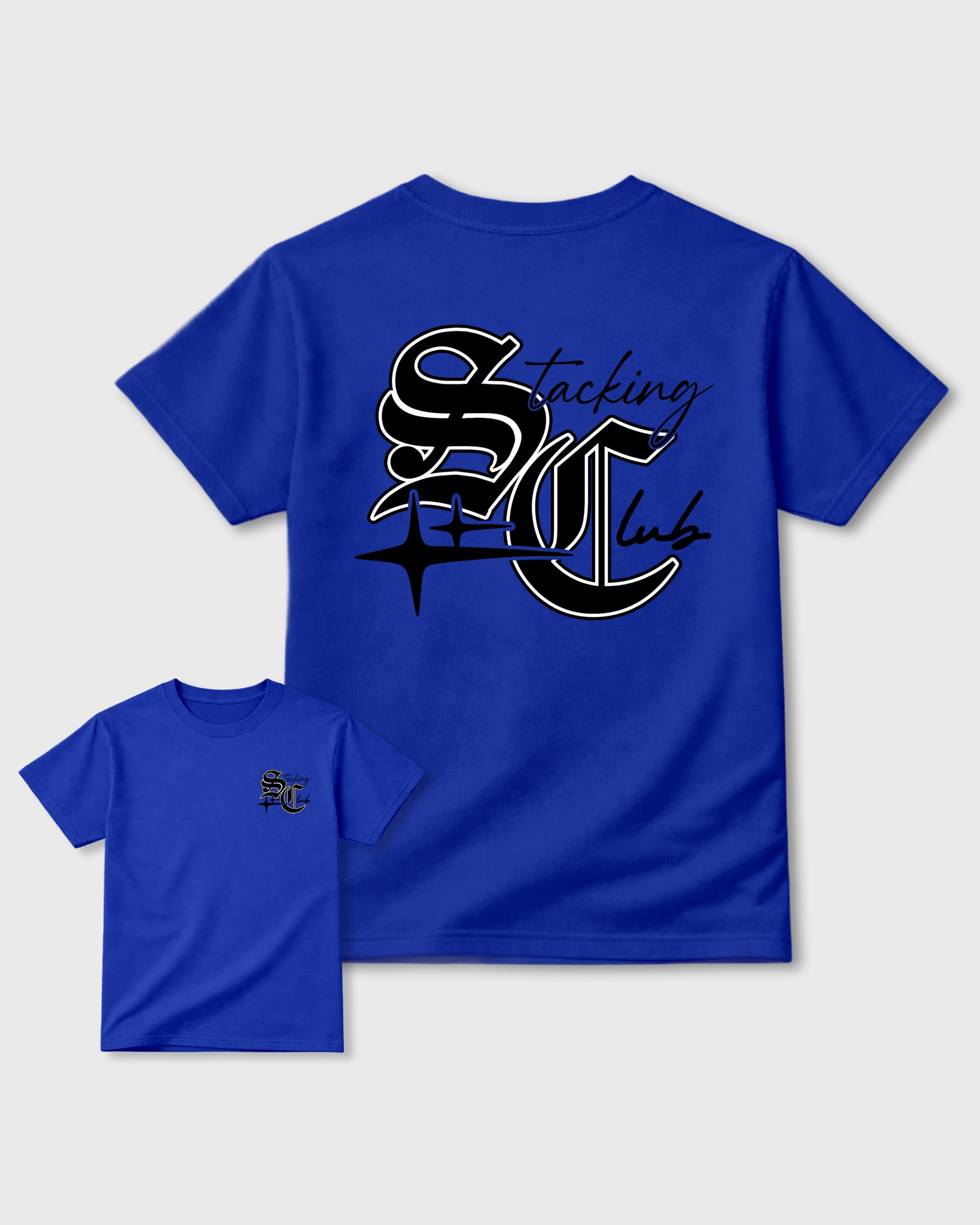 Stacking Club Star Royal Blue Graphic T-Shirt - 1, sneaker matching tee designed to match Air Jordan 1 High OG 'Royal' sneakers for a coordinated sneaker outfit.