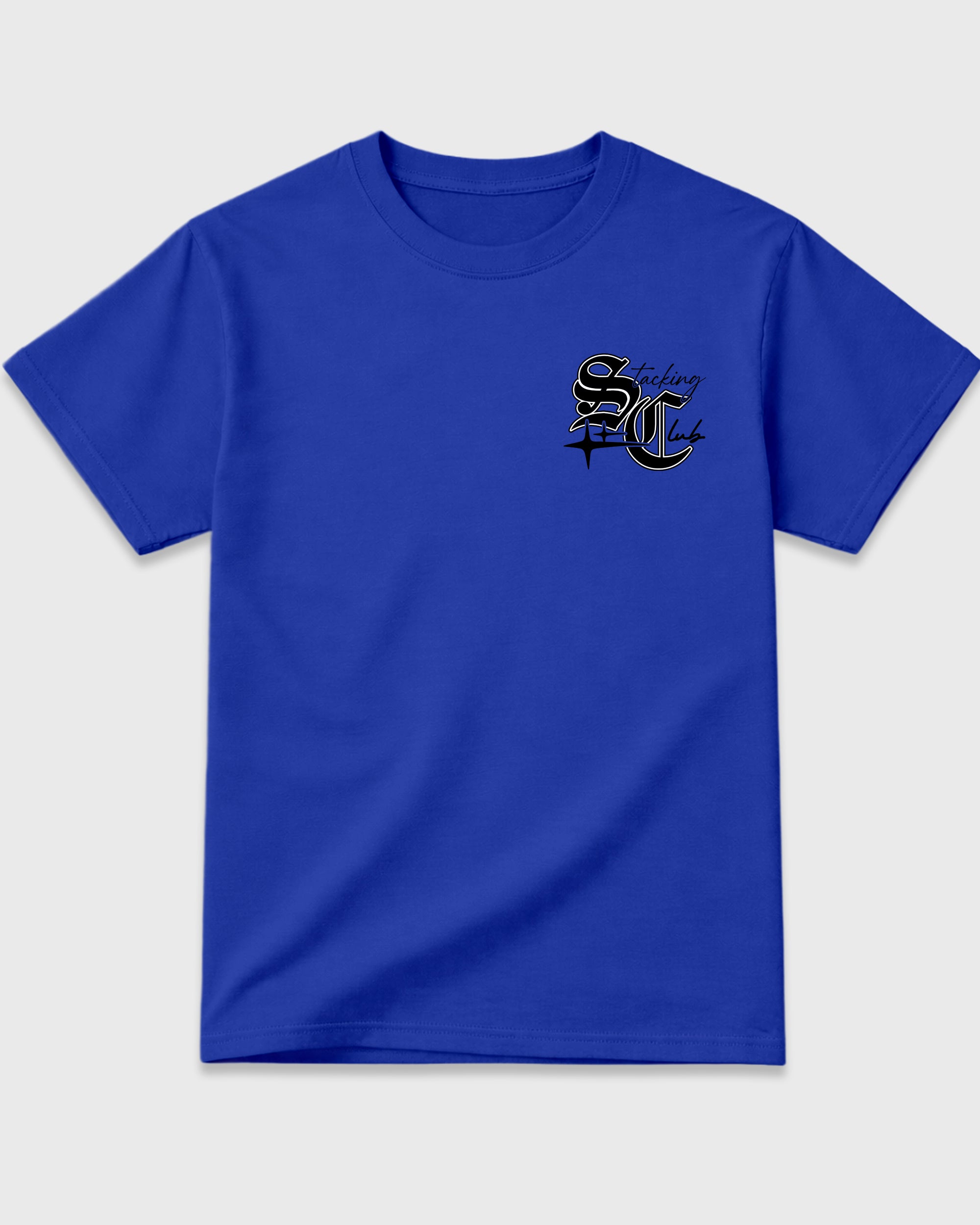 Stacking Club Star Royal Blue Graphic T-Shirt - 2, sneaker tee made to match Air Jordan 1 High OG 'Royal' sneakers with original graphic artwork for a coordinated sneaker outfit.