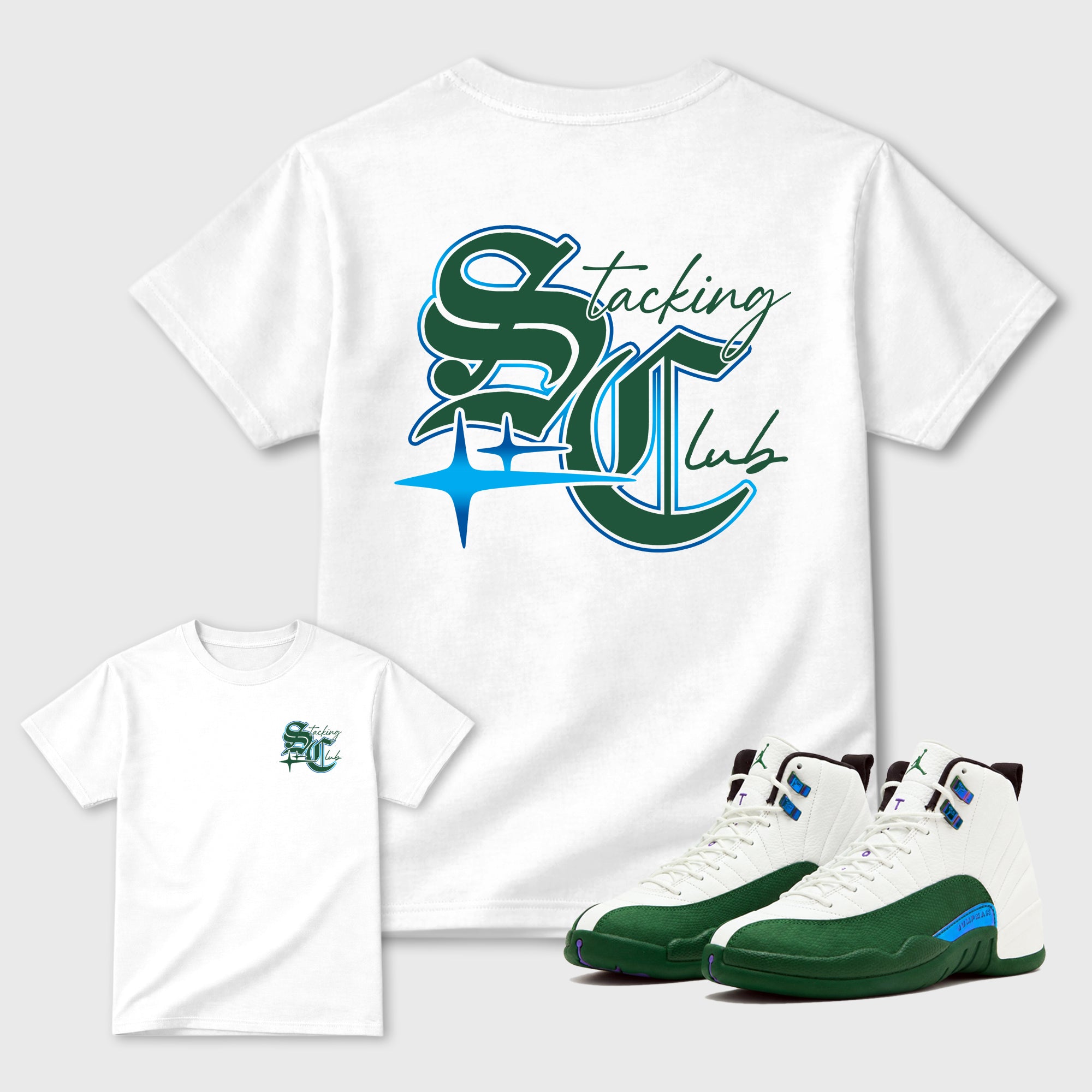 Stacking Club Star Graphic T-Shirt designed to match the Air Jordan 12 Summit White and Gorge Green sneakers, a sneaker matching shirt for a coordinated sneaker outfit.