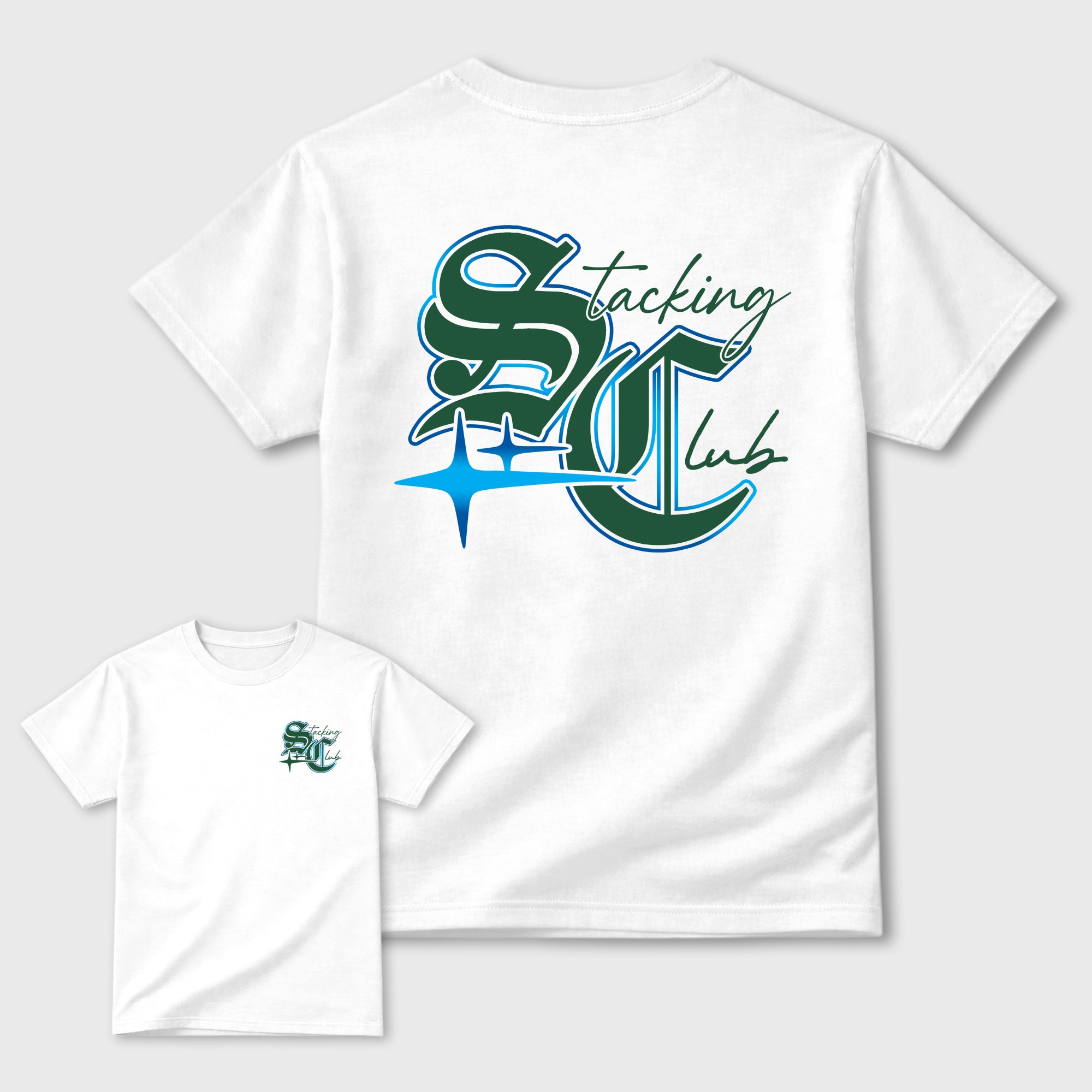Stacking Club Star Graphic T-Shirt designed to match the Air Jordan 12 Summit White and Gorge Green sneakers, a sneaker matching shirt for a coordinated sneaker outfit.