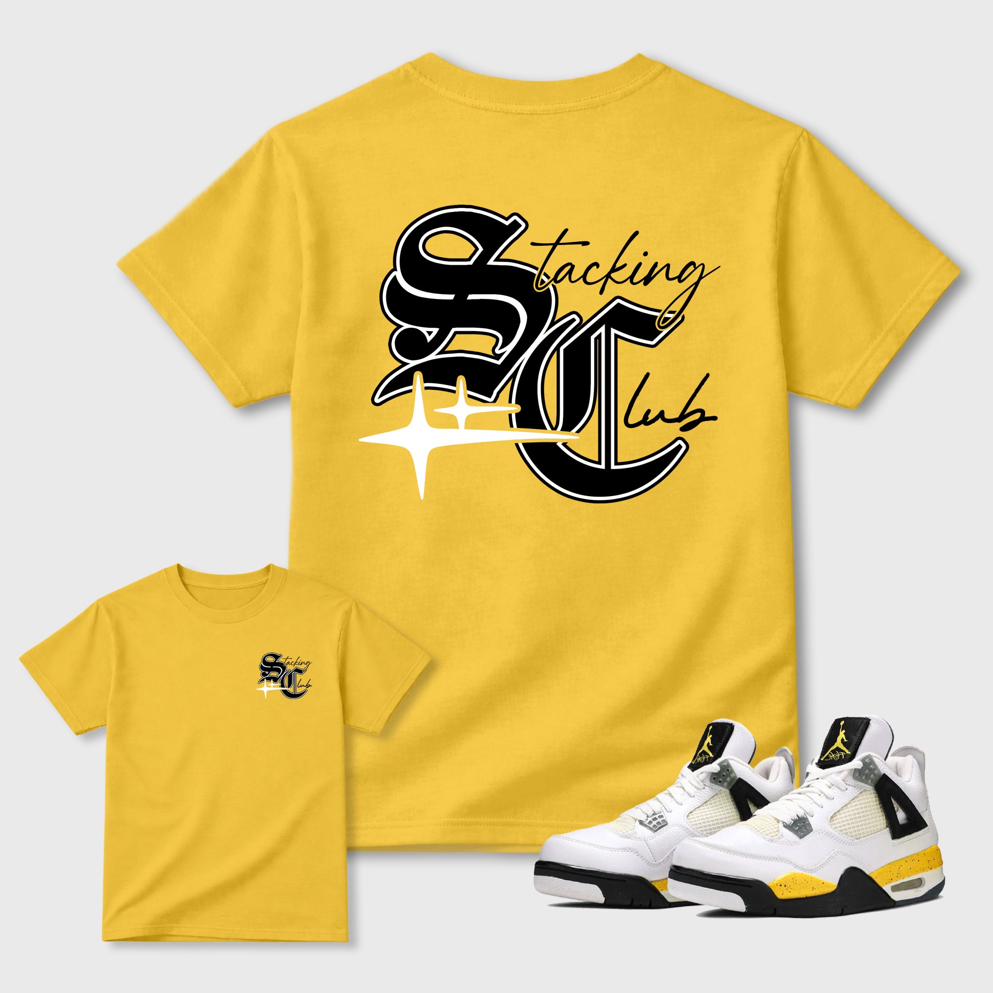 Stacking Club Star Graphic T-Shirt made to match Air Jordan 4 Tour Yellow sneakers in White, Tour Yellow, Black and Dark Blue Grey for a coordinated sneaker outfit. a sneaker matching shirt for a coordinated sneaker outfit.