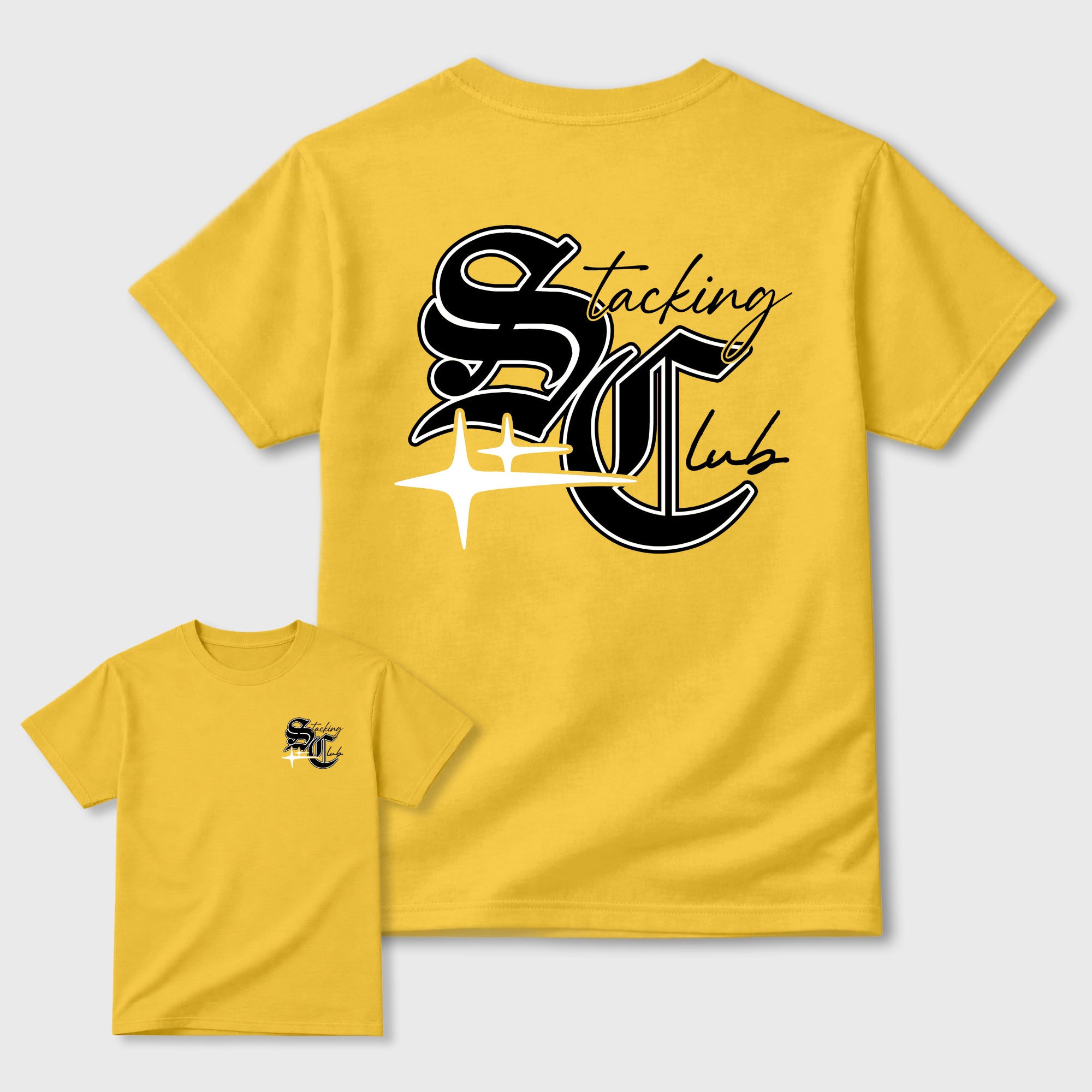 Stacking Club Star Graphic T-Shirt made to match Air Jordan 4 Tour Yellow sneakers in White, Tour Yellow, Black and Dark Blue Grey for a coordinated sneaker outfit. a sneaker matching shirt for a coordinated sneaker outfit.