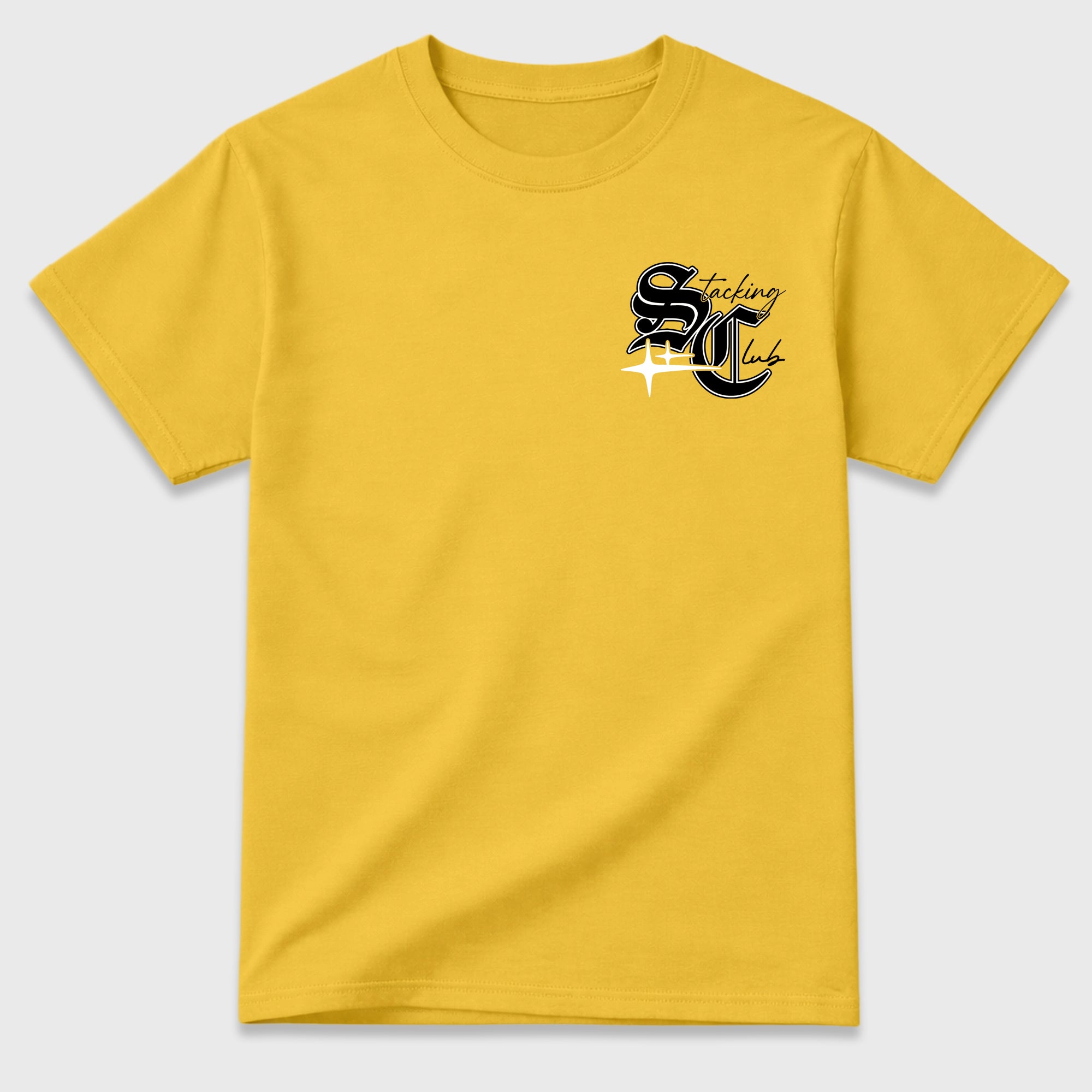 Stacking Club Star Graphic T-Shirt made to match Air Jordan 4 Tour Yellow sneakers in White, Tour Yellow, Black and Dark Blue Grey for a coordinated sneaker outfit. a sneaker matching shirt for a coordinated sneaker outfit.
