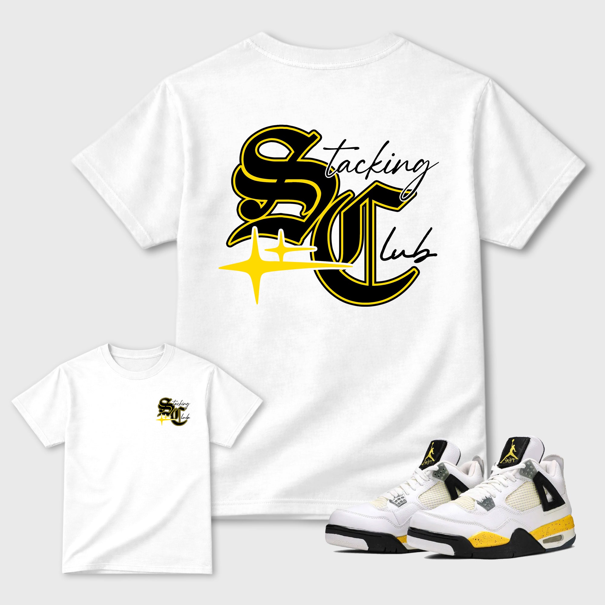 Stacking Club Star Graphic T-Shirt made to match Air Jordan 4 Tour Yellow sneakers in White, Tour Yellow, Black and Dark Blue Grey for a coordinated sneaker outfit. a sneaker matching shirt for a coordinated sneaker outfit.