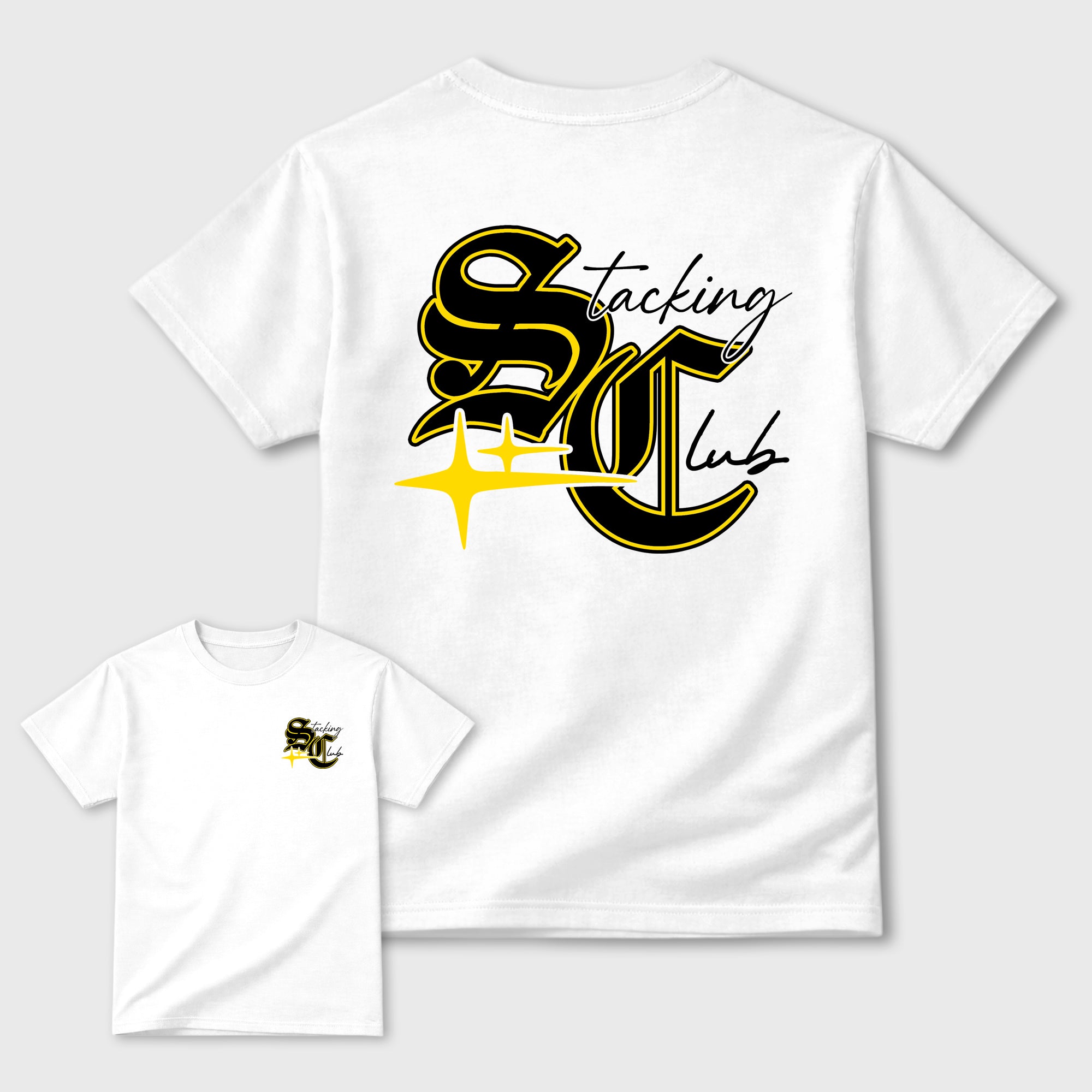 Stacking Club Star Graphic T-Shirt made to match Air Jordan 4 Tour Yellow sneakers in White, Tour Yellow, Black and Dark Blue Grey for a coordinated sneaker outfit. a sneaker matching shirt for a coordinated sneaker outfit.