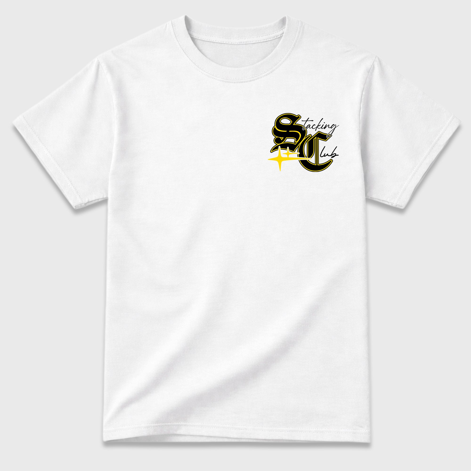 Stacking Club Star Graphic T-Shirt made to match Air Jordan 4 Tour Yellow sneakers in White, Tour Yellow, Black and Dark Blue Grey for a coordinated sneaker outfit. a sneaker matching shirt for a coordinated sneaker outfit.
