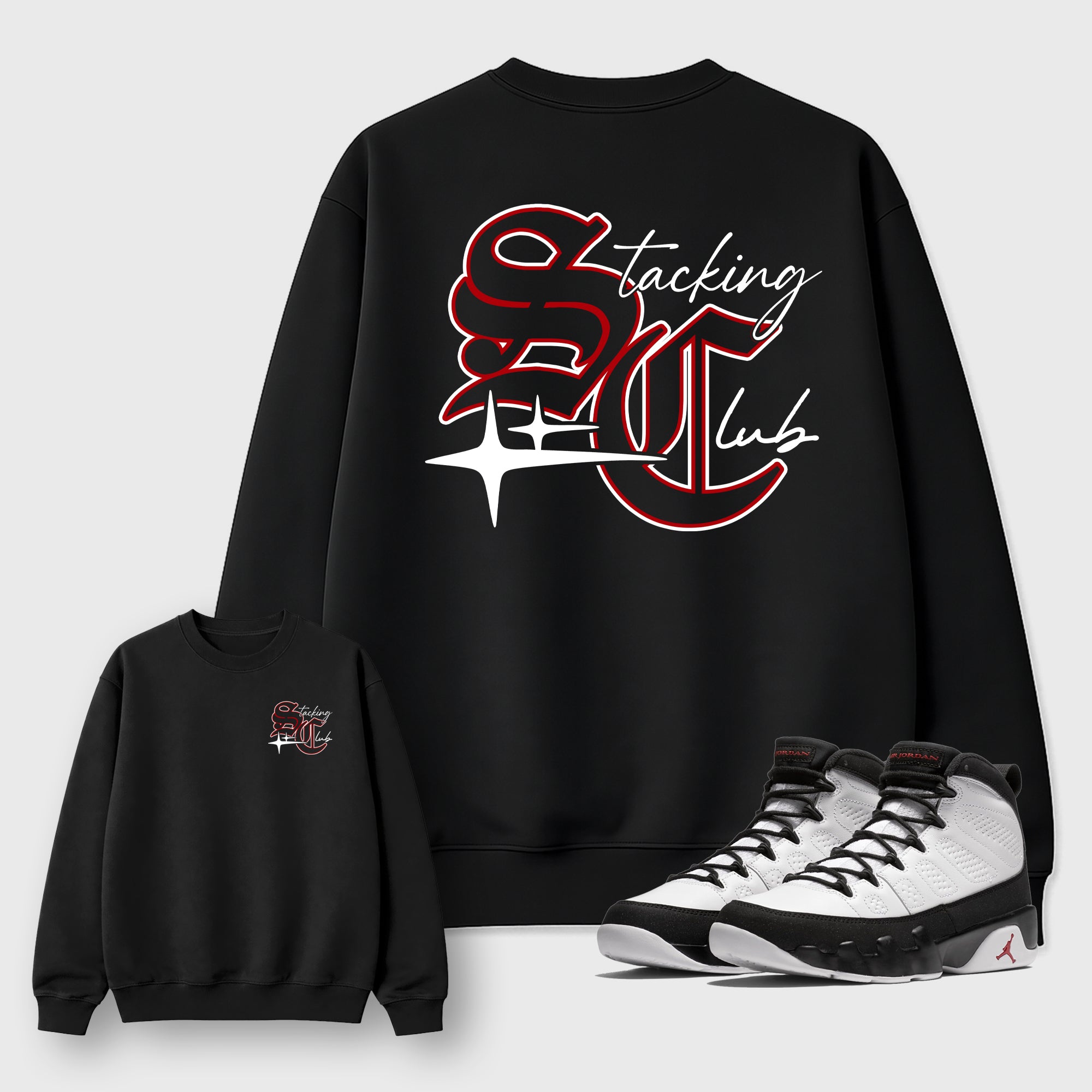 Stacking Club Star Black Graphic Sweatshirt - 1, a sneaker matching sweatshirt designed to coordinate with Air Jordan 9 Retro "Space Jam" sneakers for a complete sneaker outfit.