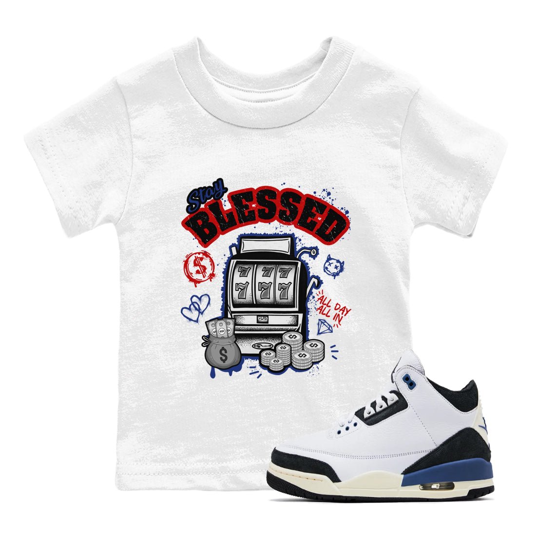 1s Rare Air shirts to match jordans Stay Blessed sneaker match tees Air Jordan 1 High OG Rare Air Deep Royal Blue match shoes to clothes SNRT Sneaker Tees Youth Baby White 1 tee