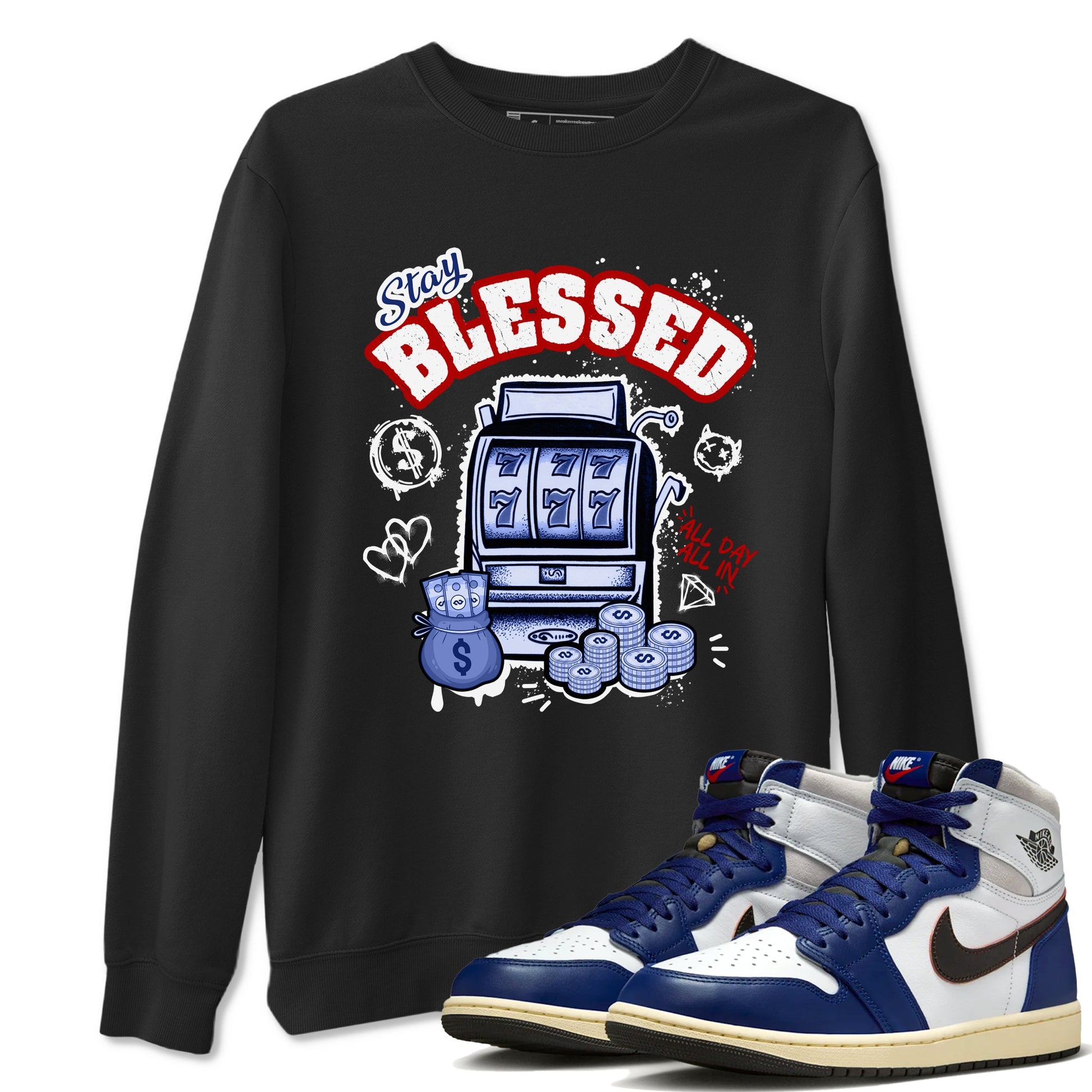 1s Rare Air shirts to match jordans Stay Blessed sneaker match tees Air Jordan 1 High OG Rare Air Deep Royal Blue match shoes to clothes SNRT Sneaker Tees unisex cotton Black 1 shirts