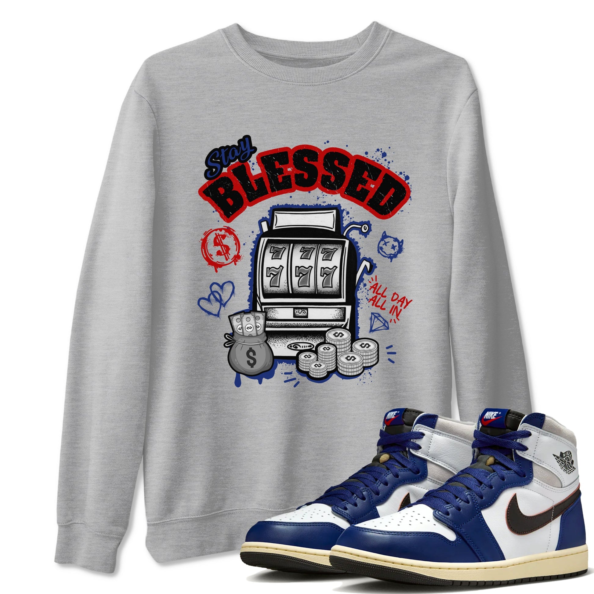 1s Rare Air shirts to match jordans Stay Blessed sneaker match tees Air Jordan 1 High OG Rare Air Deep Royal Blue match shoes to clothes SNRT Sneaker Tees unisex cotton Heather Grey 1 shirts