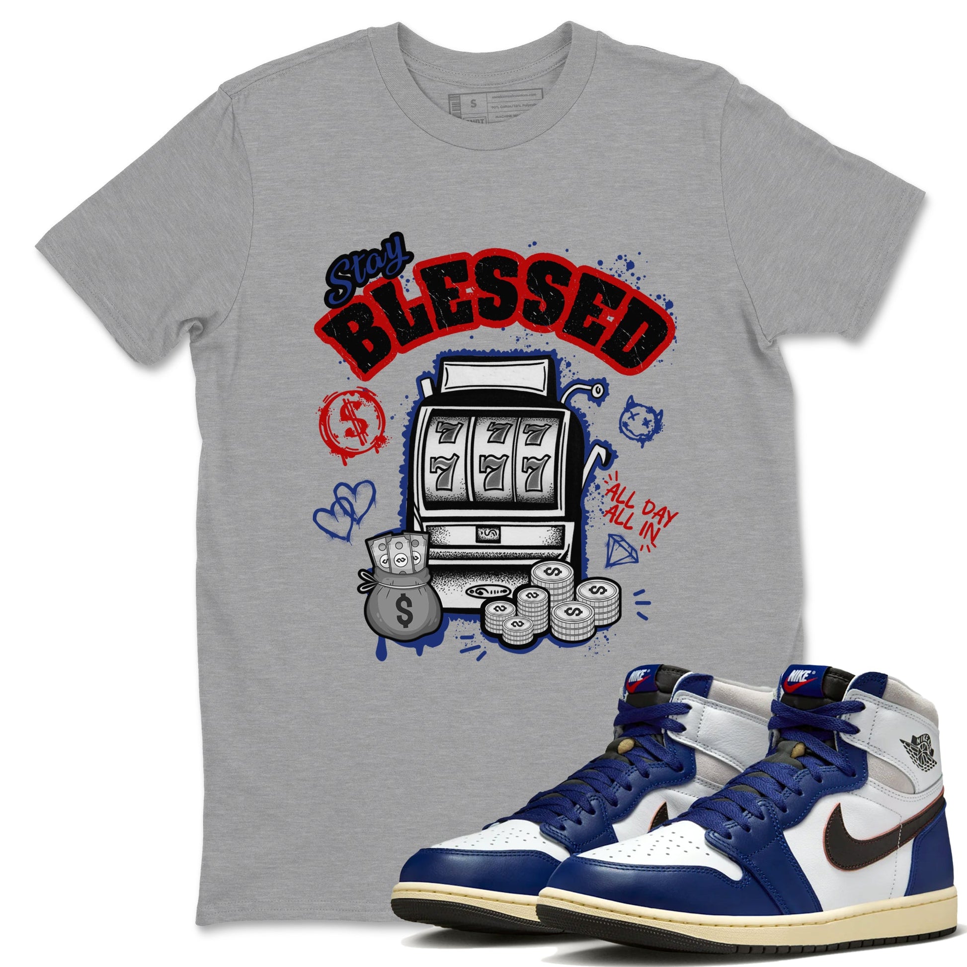 1s Rare Air shirts to match jordans Stay Blessed sneaker match tees Air Jordan 1 High OG Rare Air Deep Royal Blue match shoes to clothes SNRT Sneaker Tees unisex cotton Heather Grey 1 shirts