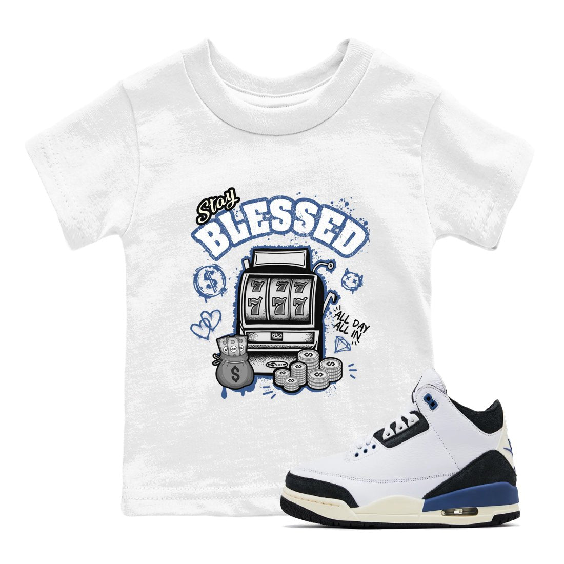 3s For The Love to match jordans Stay Blessed sneaker match tees A Ma Maniere For The Love match shoes to clothes SNRT Sneaker Tees Youth Baby White 1 tee