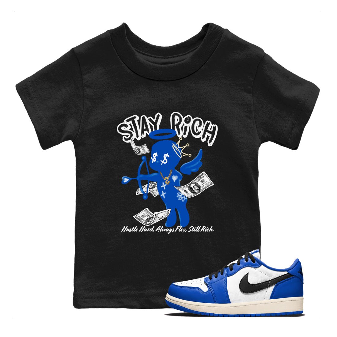 1s Game Royal shirts to match jordans Stay Rich sneaker match tees Air Jordan 1 Retro Low OG Game Royal match shoes to clothes SNRT Sneaker Tees Youth Baby Black 1 tee